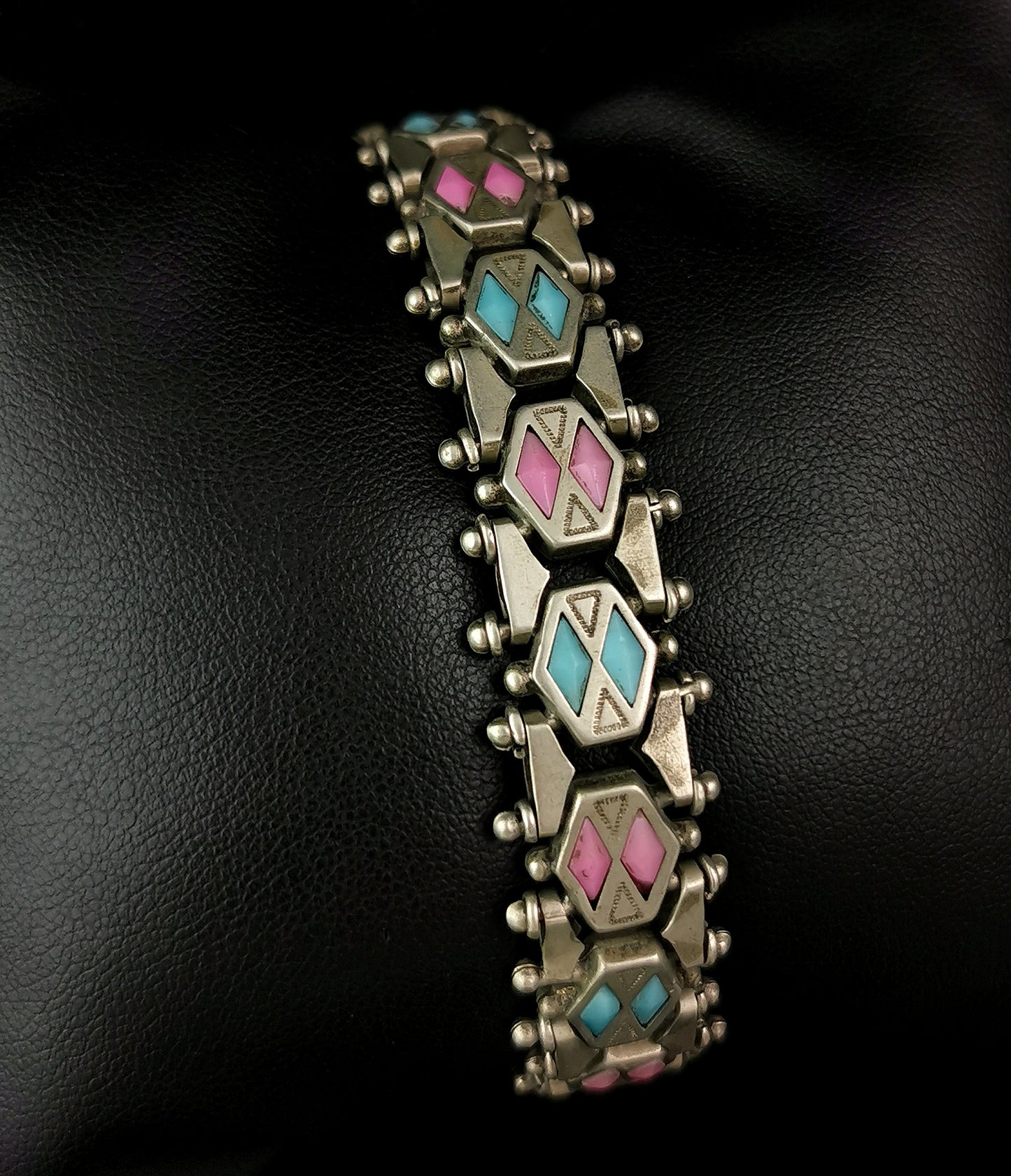 Antique Edwardian fancy link paste bracelet, Pink and Blue