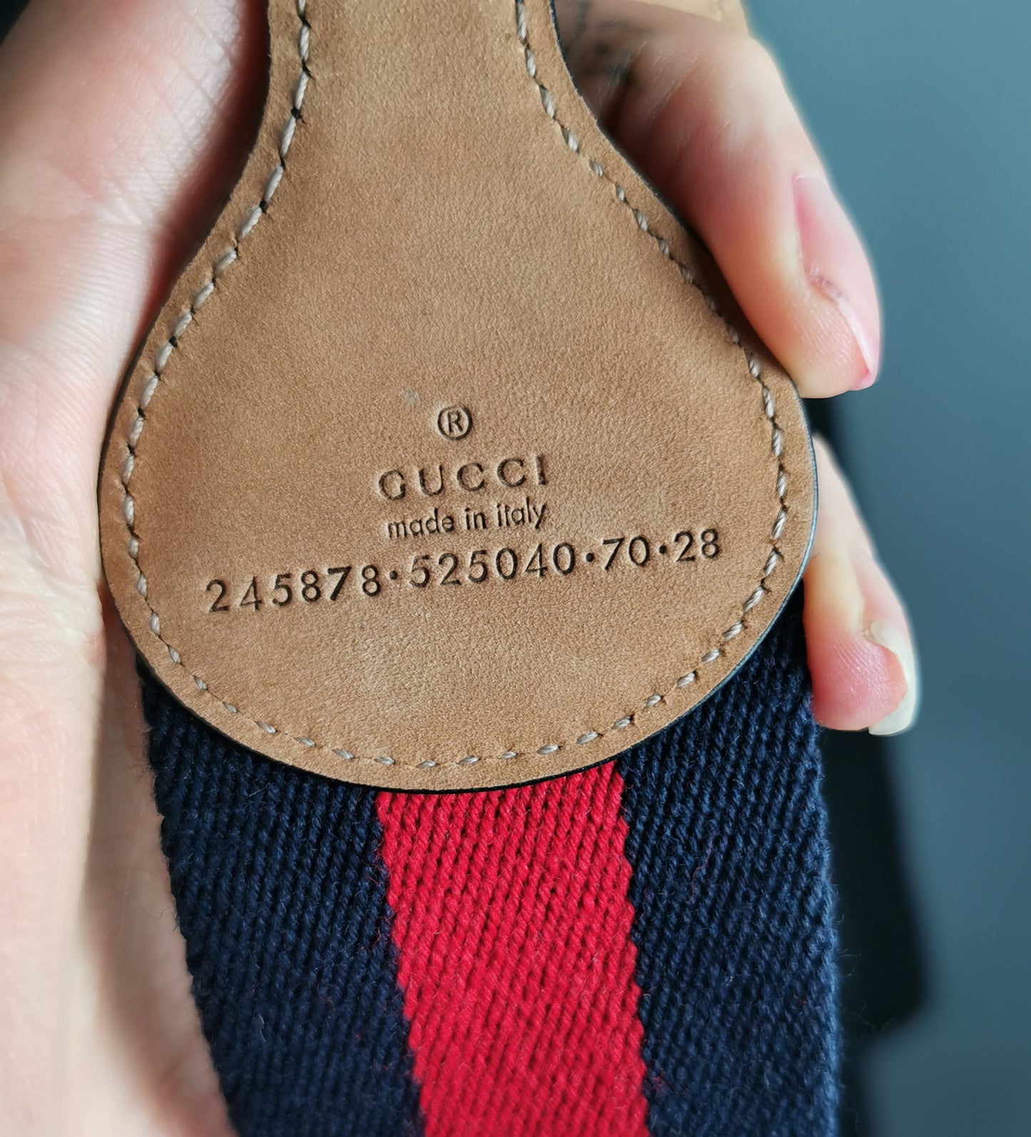 Vintage Gucci horsebit belt, navy leather and stripe canvas