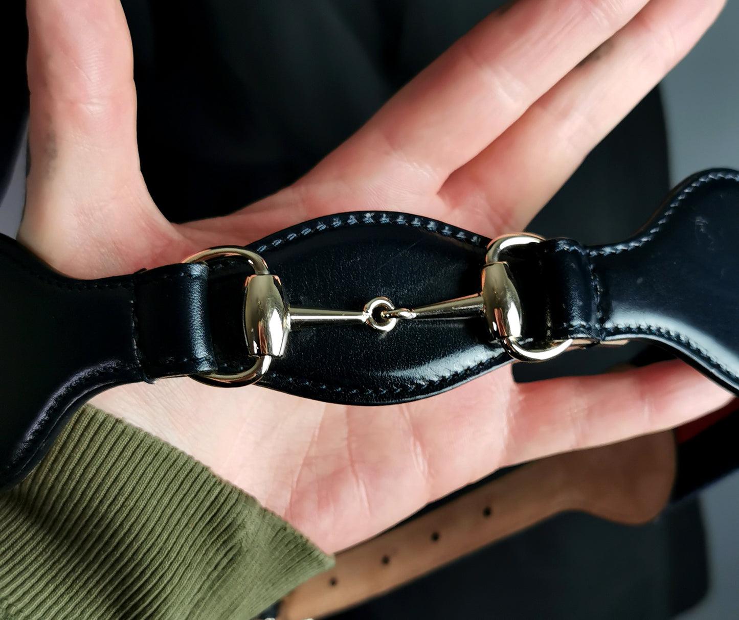 Vintage Gucci horsebit belt, navy leather and stripe canvas