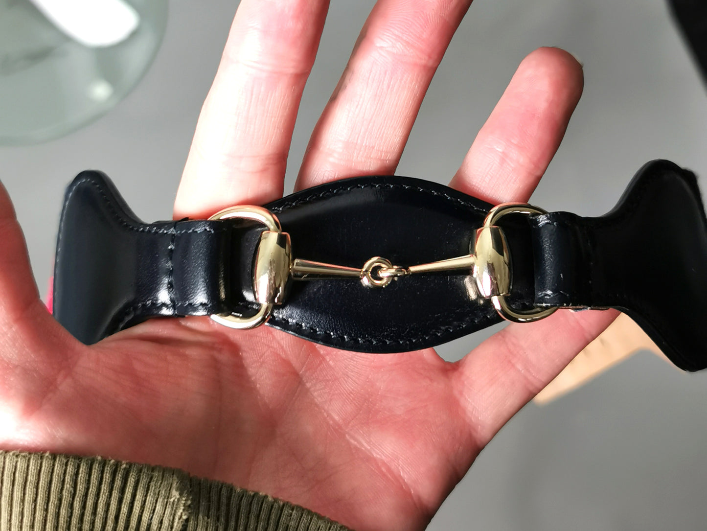 Vintage Gucci horsebit belt, navy leather and stripe canvas