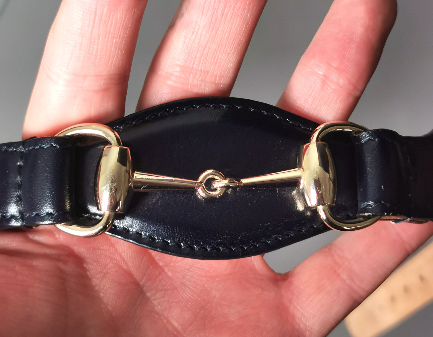 Vintage Gucci horsebit belt, navy leather and stripe canvas