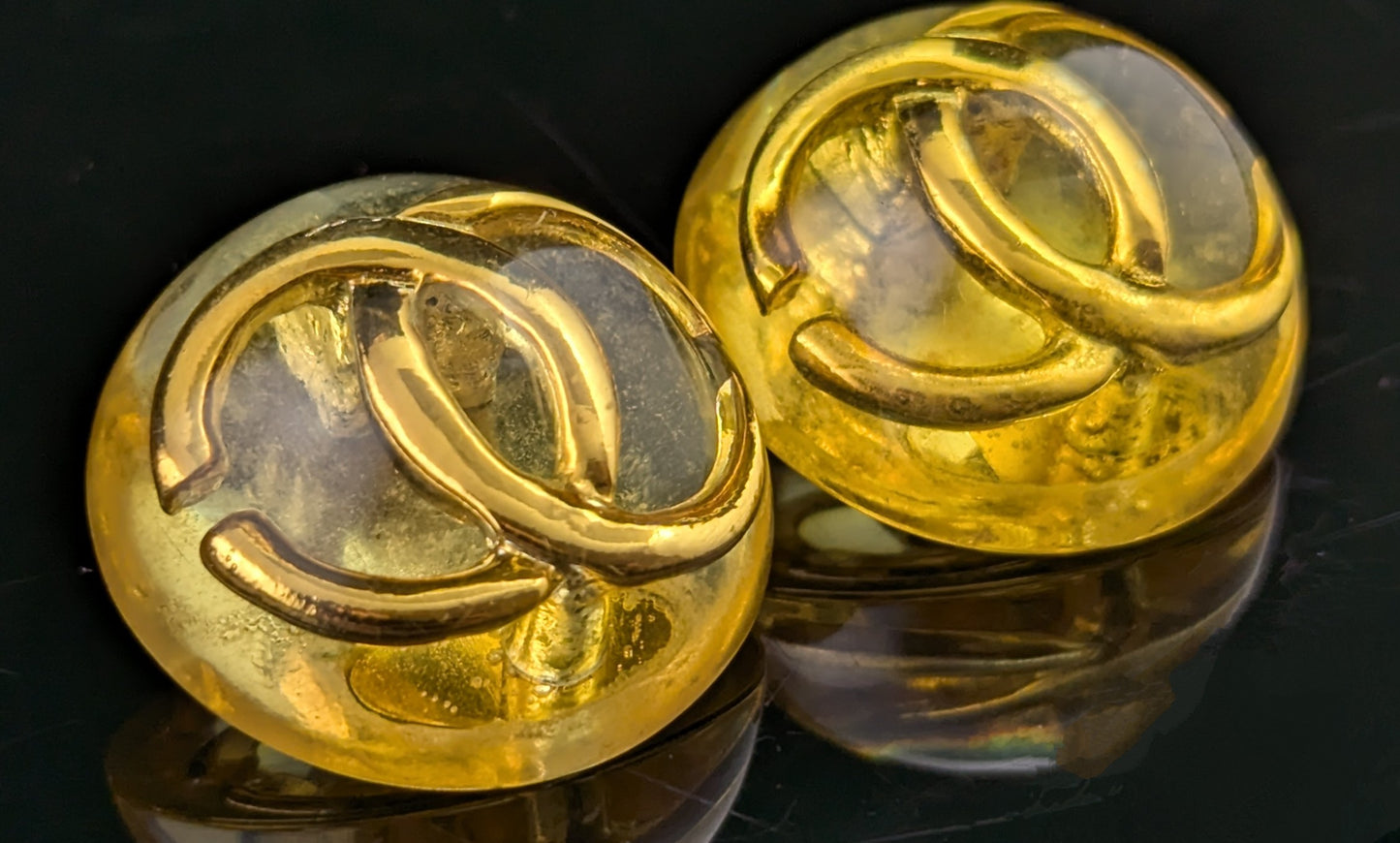 Vintage Chanel CC logo clip on earrings, Yellow and Gold tone