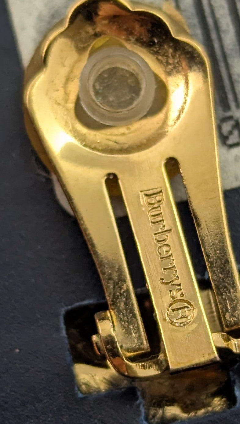 Vintage Burberry clip on earrings, Gold tone and Faux leather