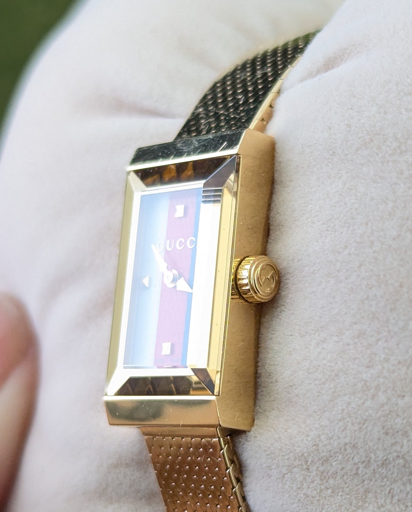Vintage Gucci G frame wristwatch, gold plated, boxed