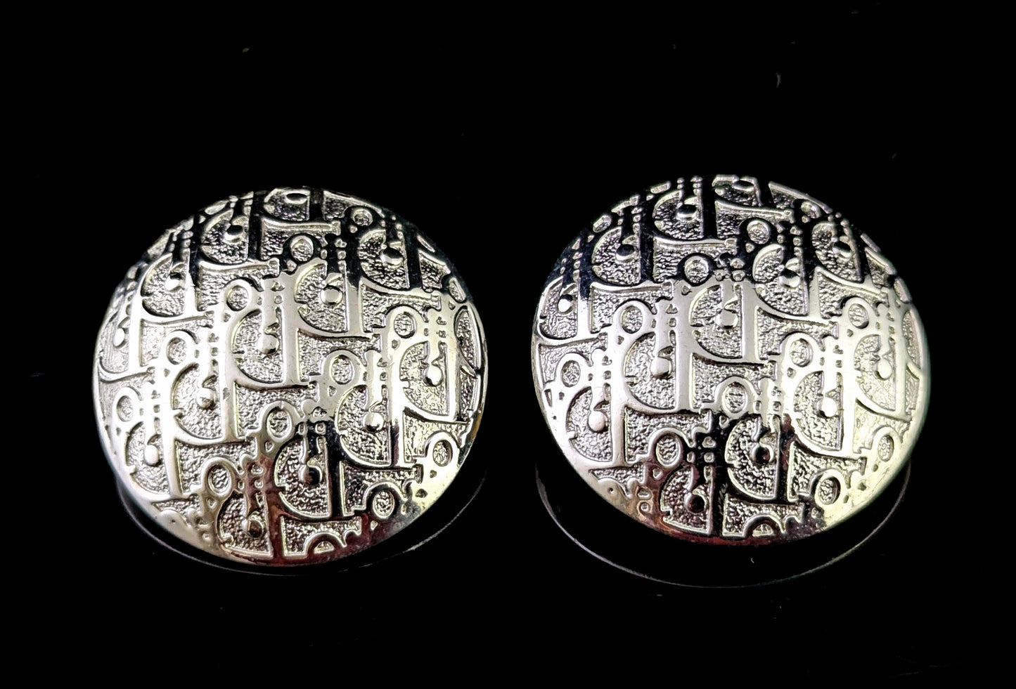 Vintage Christian Dior clip on earrings, logo script, silver tone