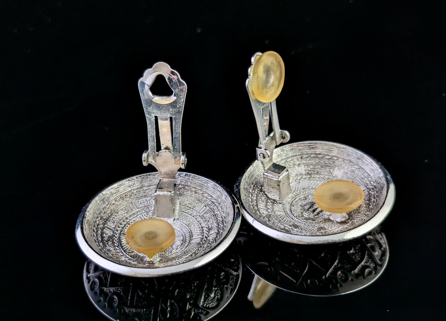 Vintage Christian Dior clip on earrings, logo script, silver tone