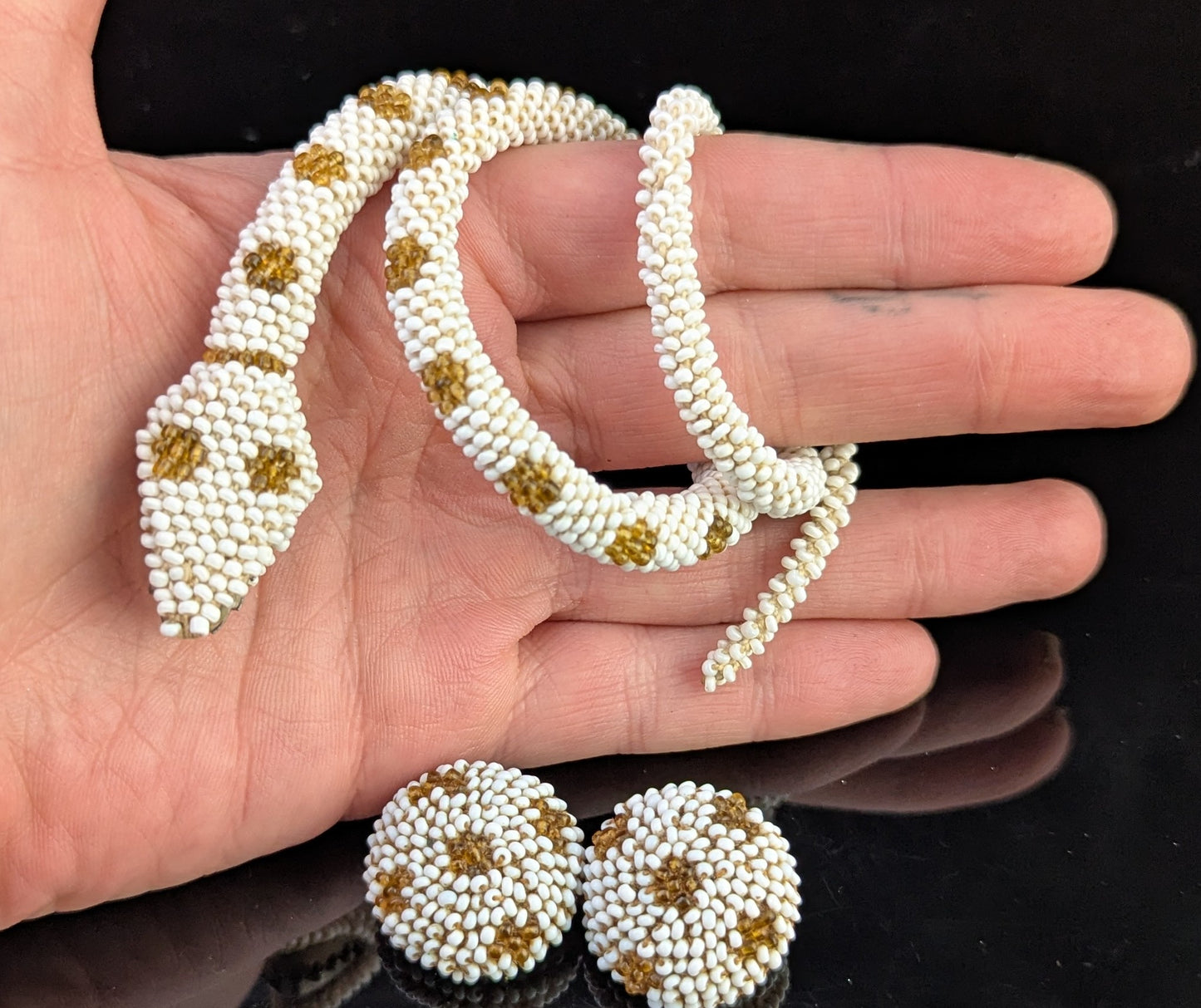 Vintage Art Deco beaded snake necklace, earrings set