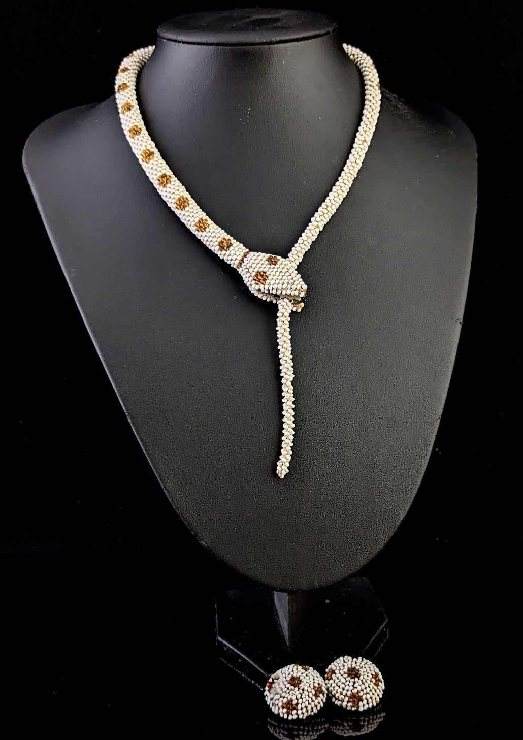 Vintage Art Deco beaded snake necklace, earrings set