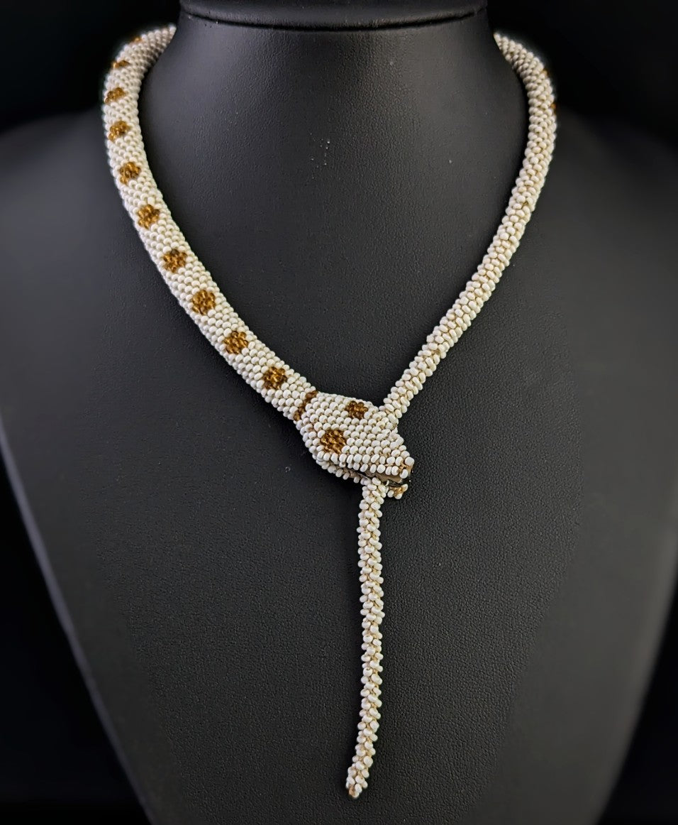 Vintage Art Deco beaded snake necklace, earrings set
