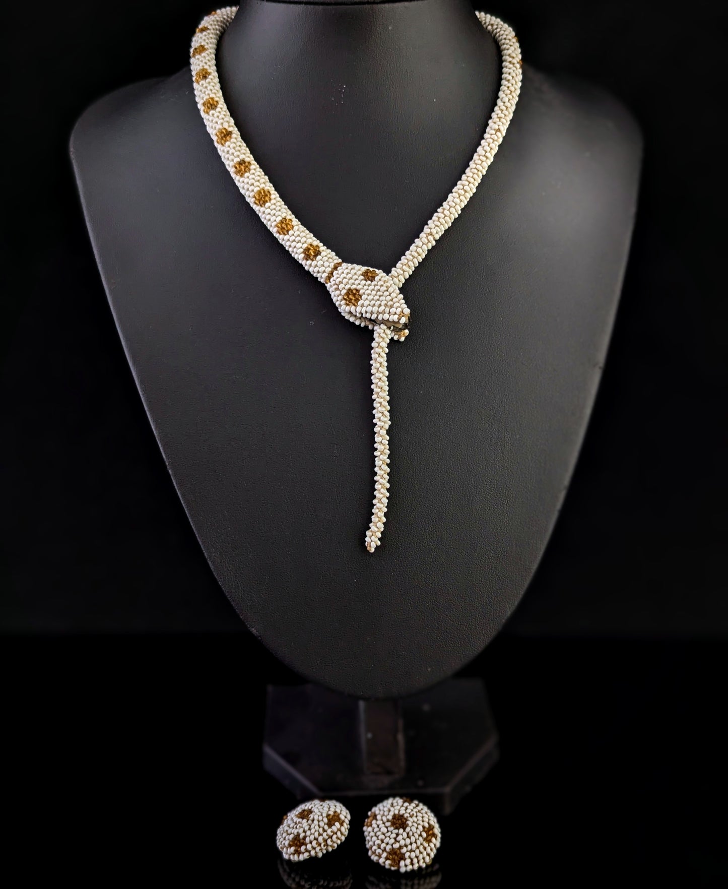 Vintage Art Deco beaded snake necklace, earrings set