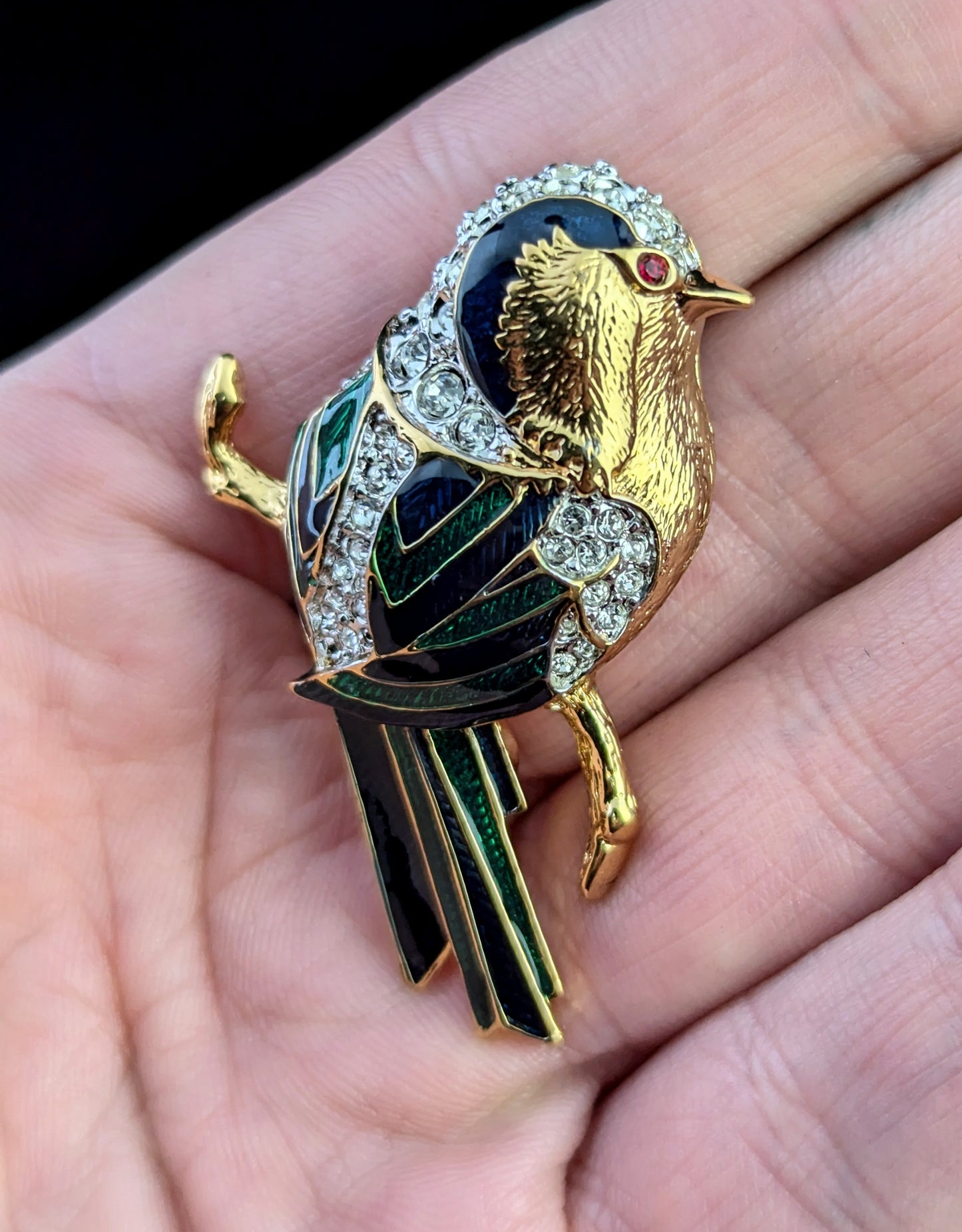 Vintage D'Orlan Bird brooch, enamelled and diamante