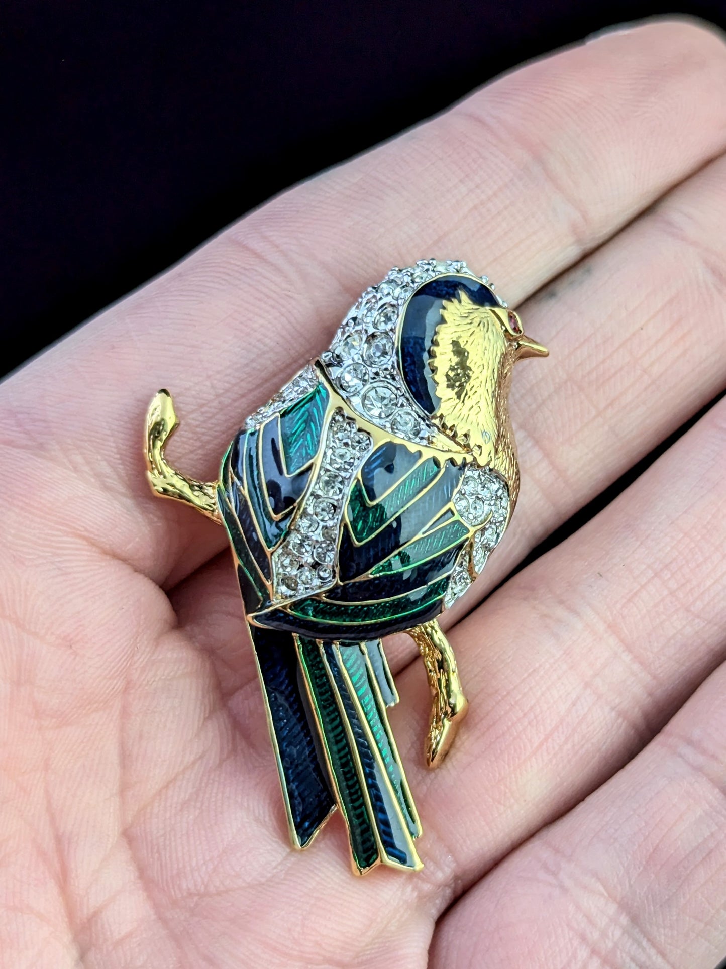 Vintage D'Orlan Bird brooch, enamelled and diamante