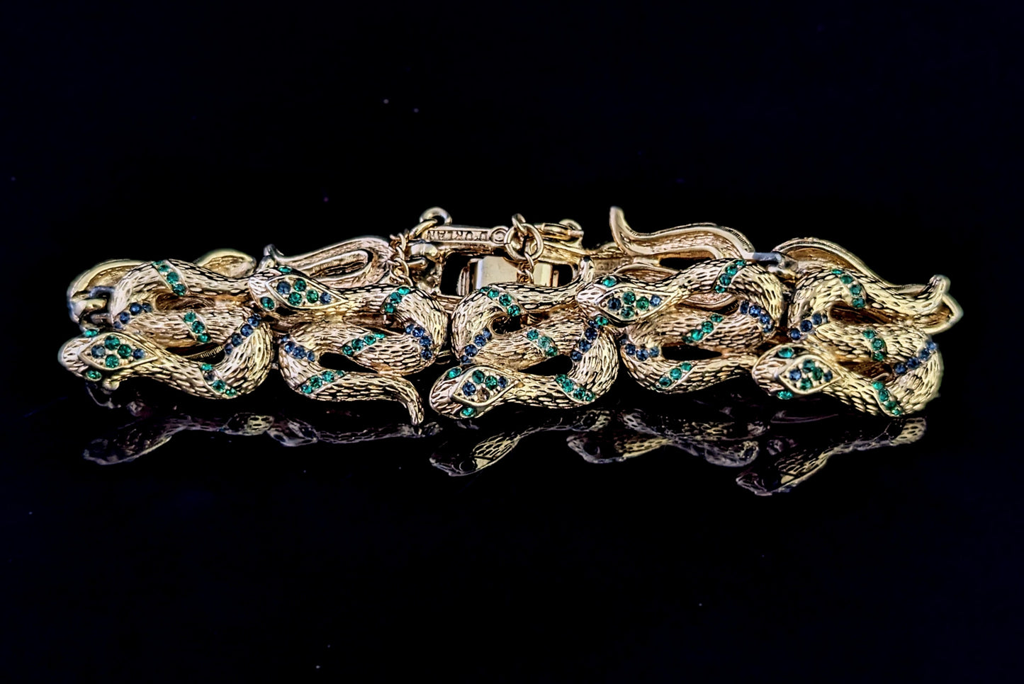 Vintage D'Orlan snake bracelet, gold plated, green crystal