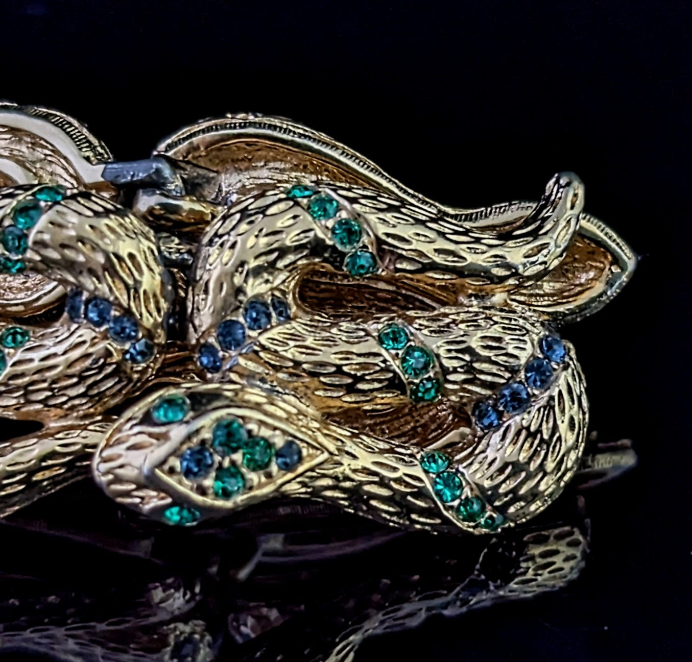 Vintage D'Orlan snake bracelet, gold plated, green crystal