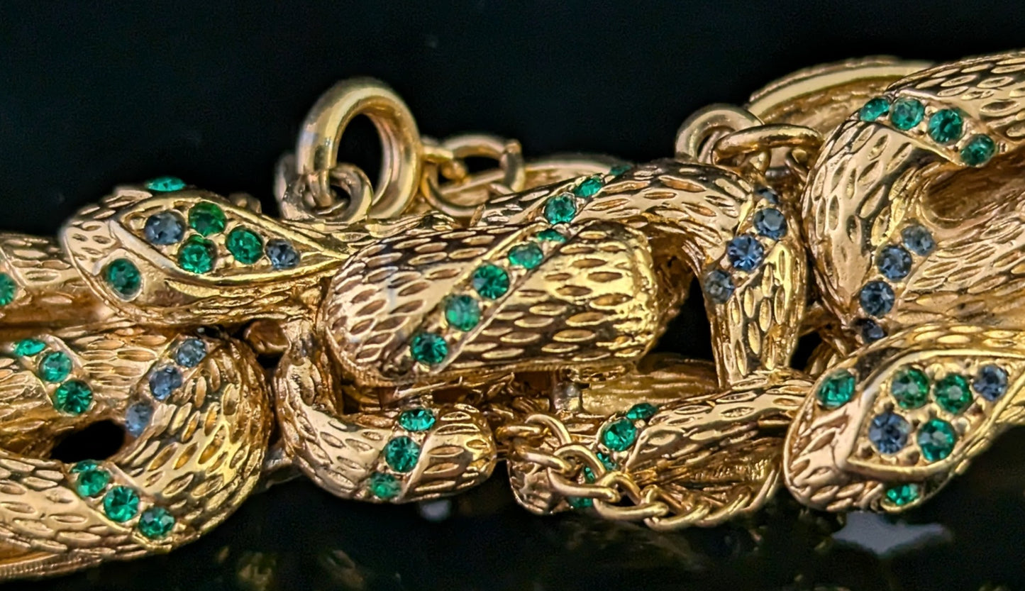 Vintage D'Orlan snake bracelet, gold plated, green crystal