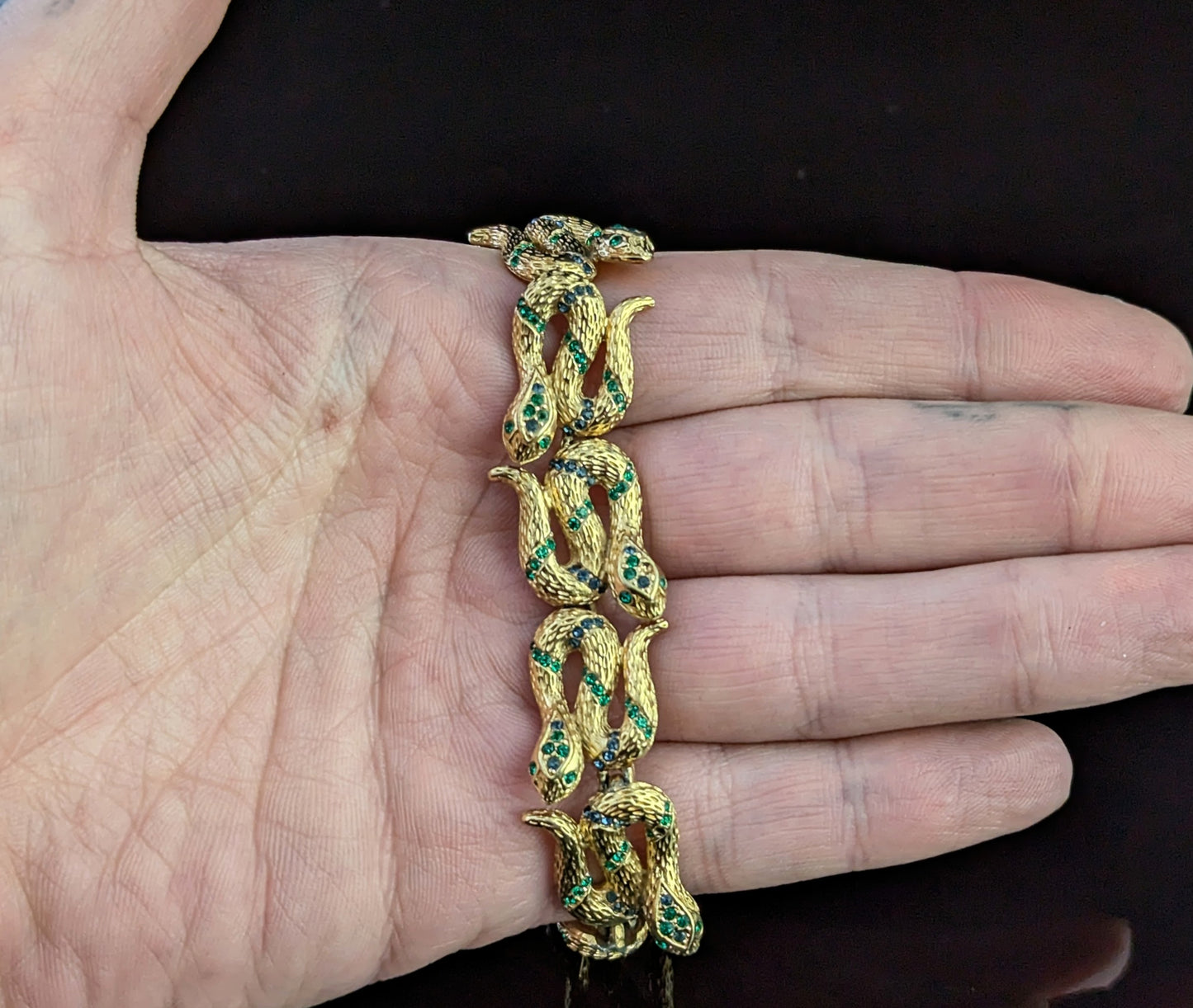 Vintage D'Orlan snake bracelet, gold plated, green crystal