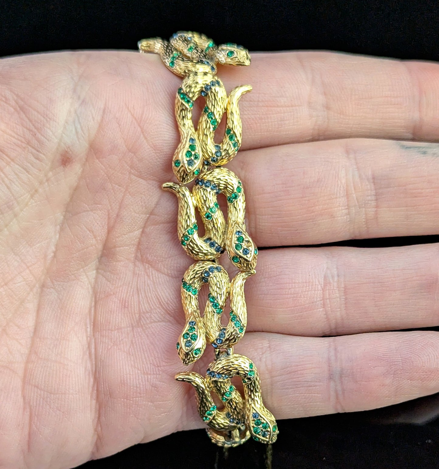 Vintage D'Orlan snake bracelet, gold plated, green crystal