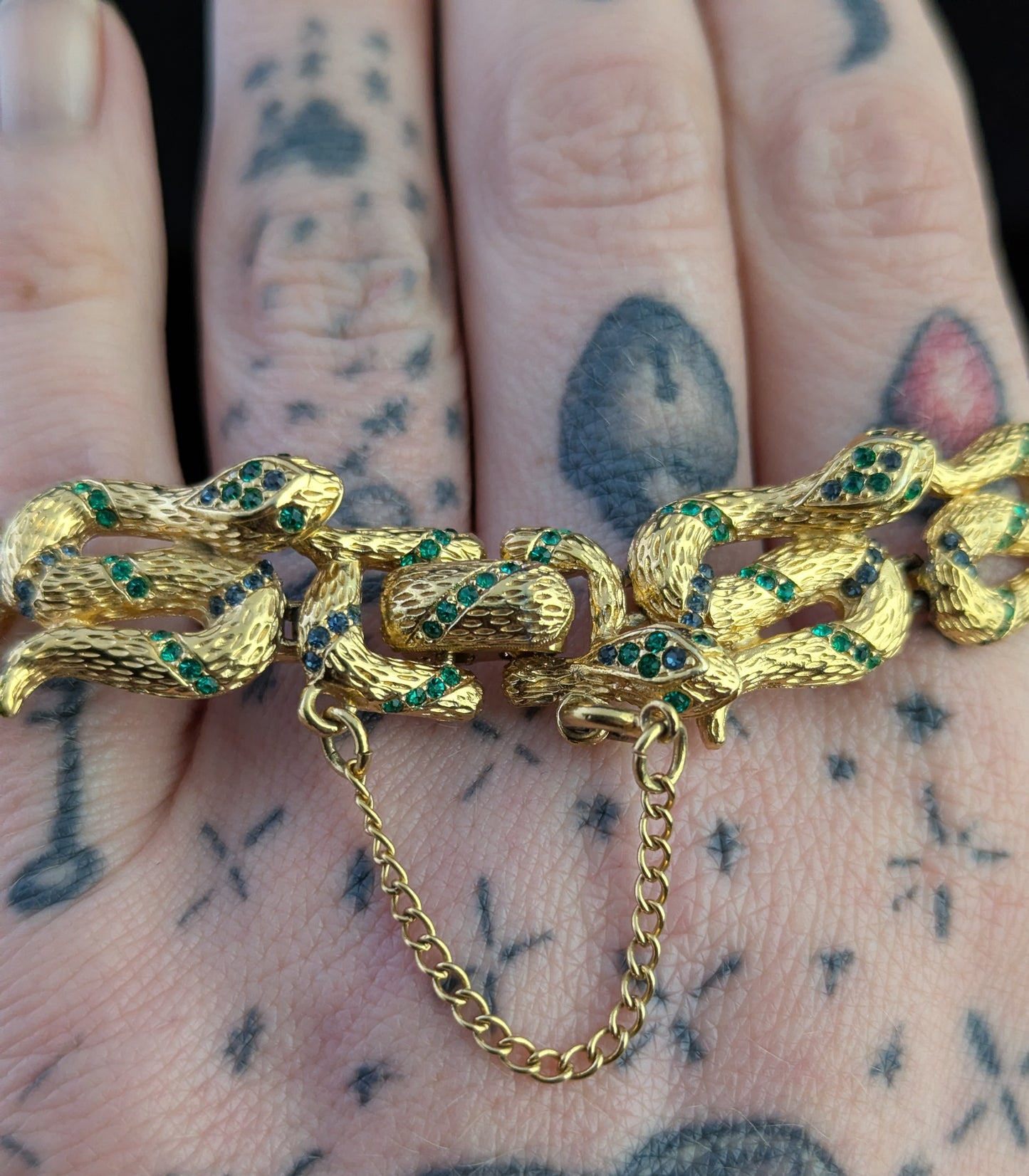 Vintage D'Orlan snake bracelet, gold plated, green crystal