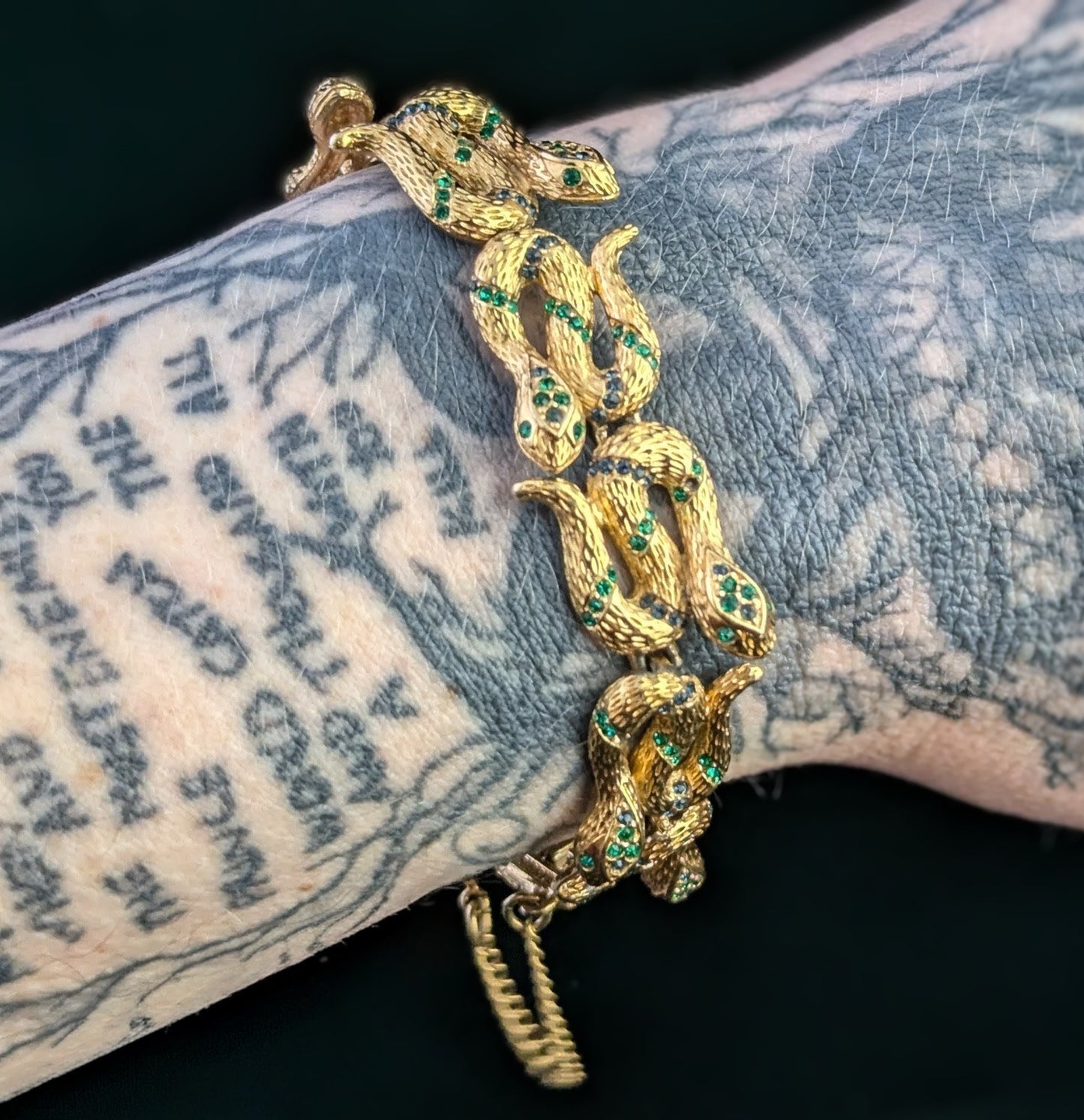Vintage D'Orlan snake bracelet, gold plated, green crystal