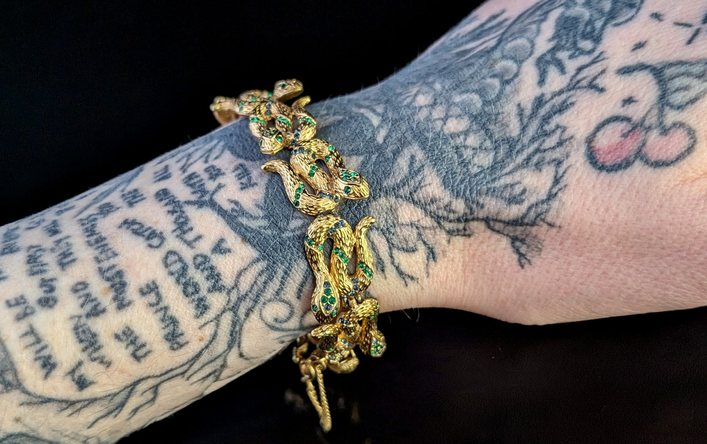Vintage D'Orlan snake bracelet, gold plated, green crystal