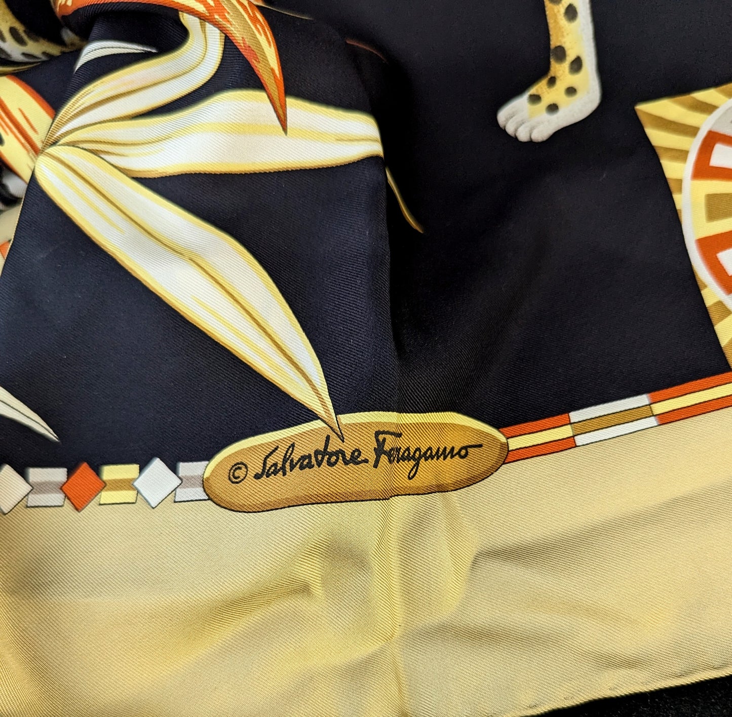 Vintage silk scarf, cheetah print, Salvatore Ferragamo