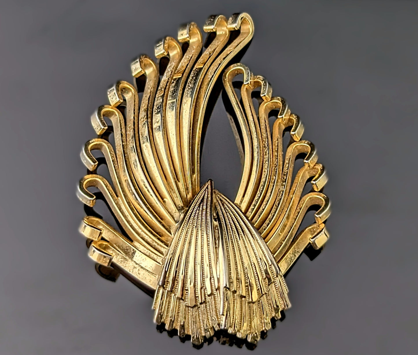 Vintage gold tone spray brooch, Kramer, Deco fan