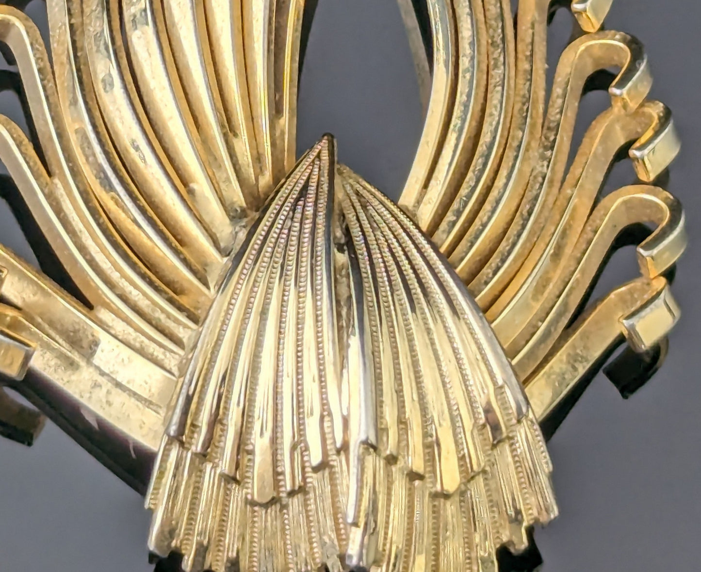 Vintage gold tone spray brooch, Kramer, Deco fan