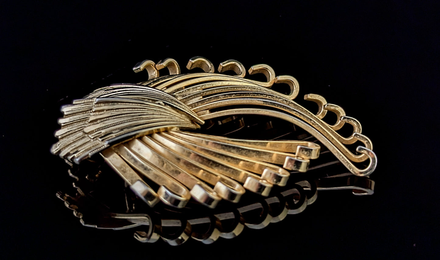 Vintage gold tone spray brooch, Kramer, Deco fan