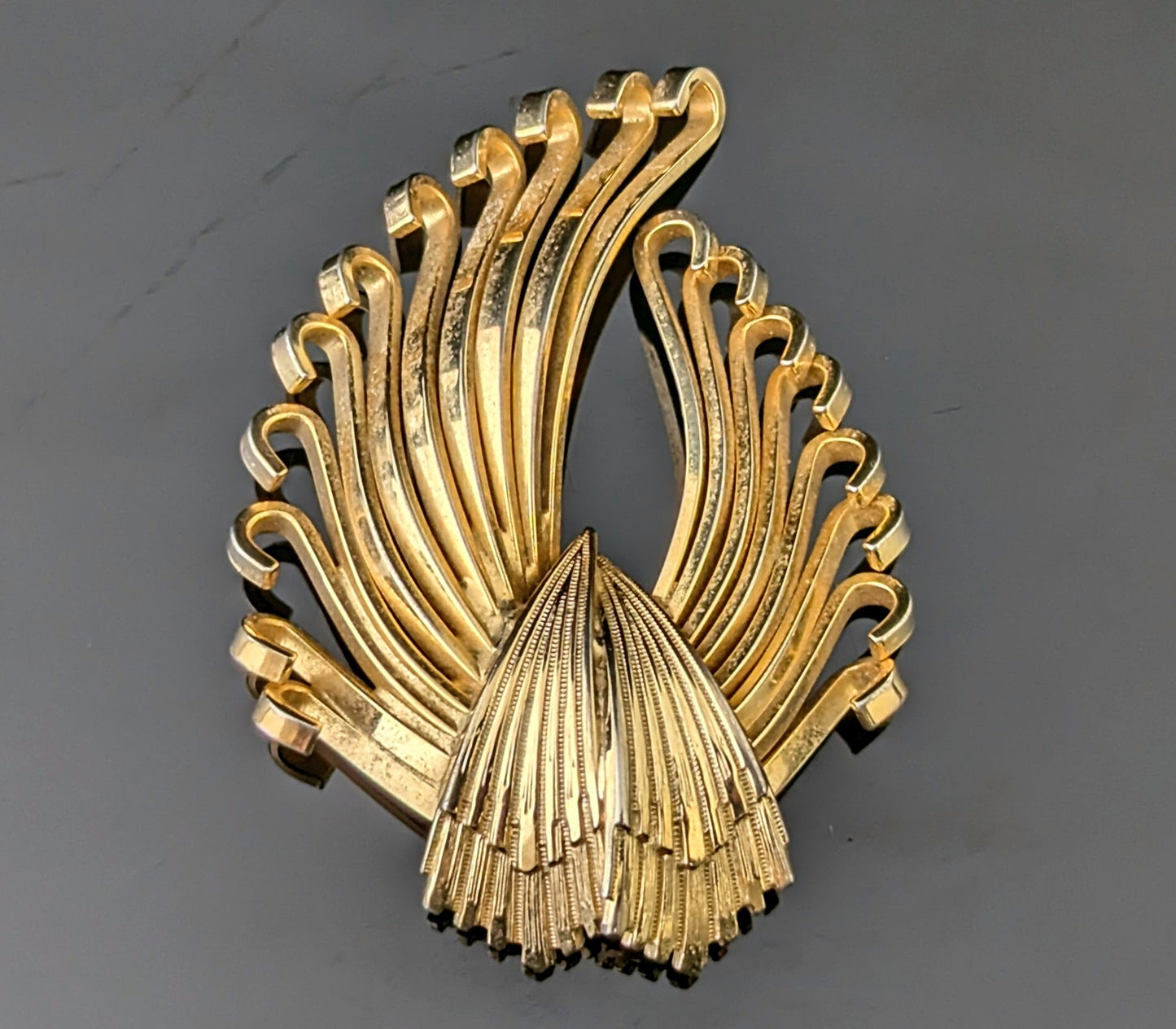 Vintage gold tone spray brooch, Kramer, Deco fan