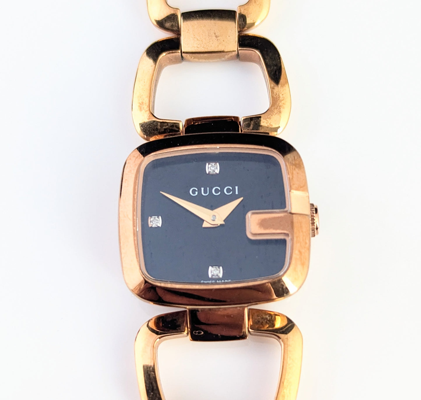 Gucci G ladies rose gold plated wristwatch, Diamond set