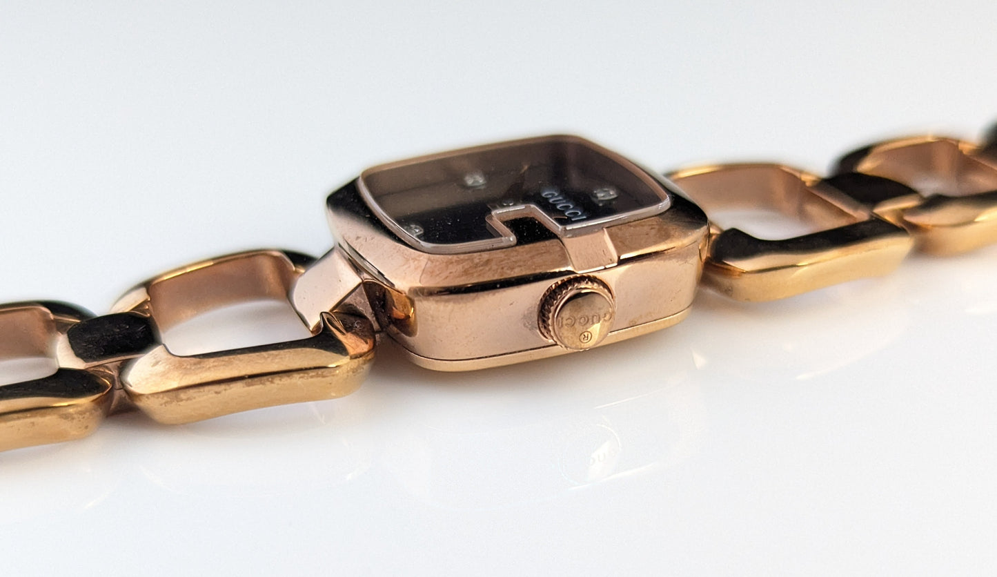 Gucci G ladies rose gold plated wristwatch, Diamond set