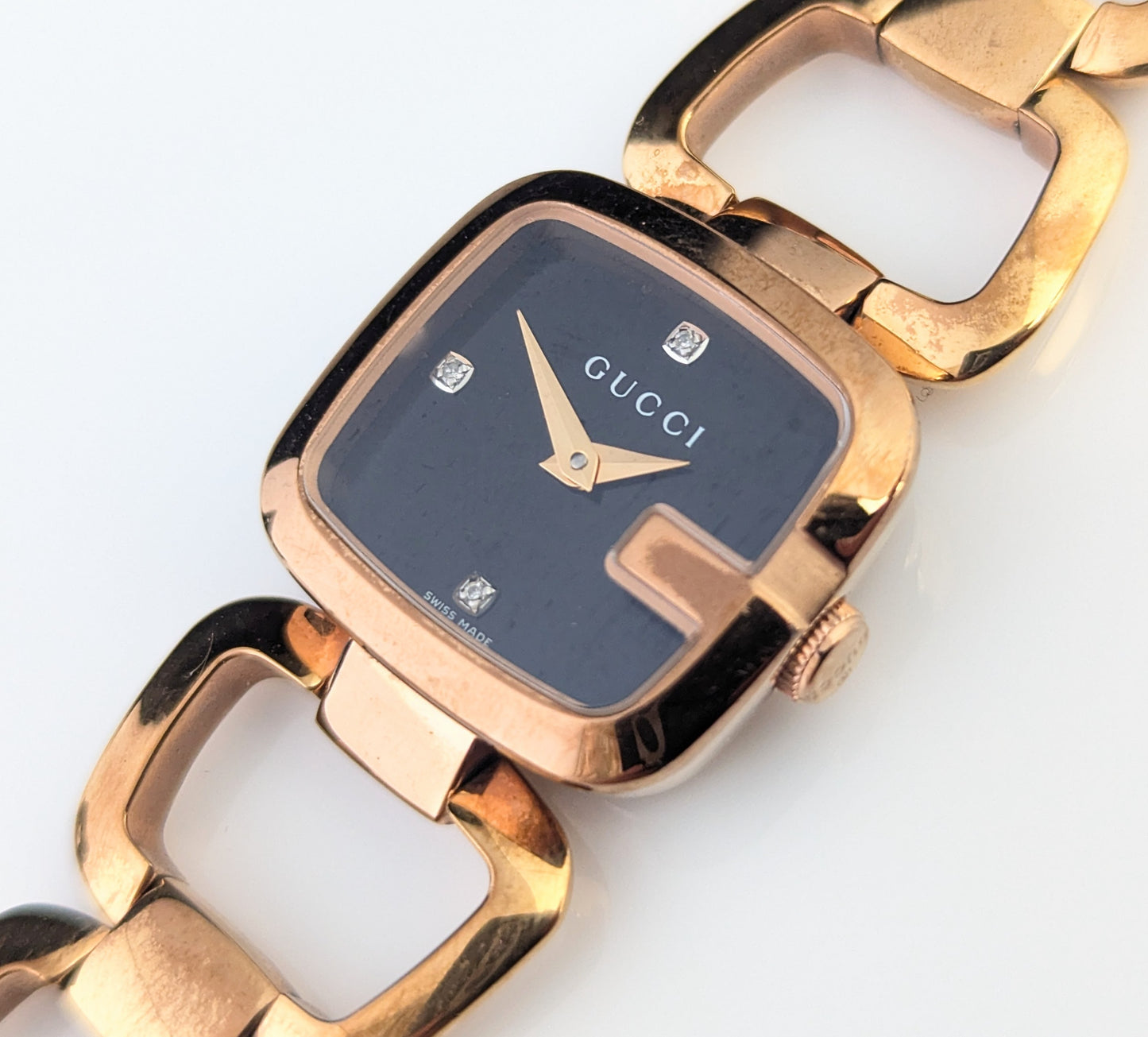 Gucci G ladies rose gold plated wristwatch, Diamond set