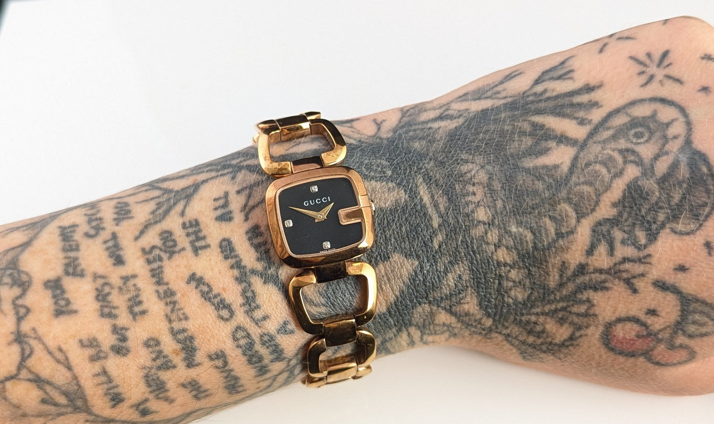 Gucci G ladies rose gold plated wristwatch, Diamond set