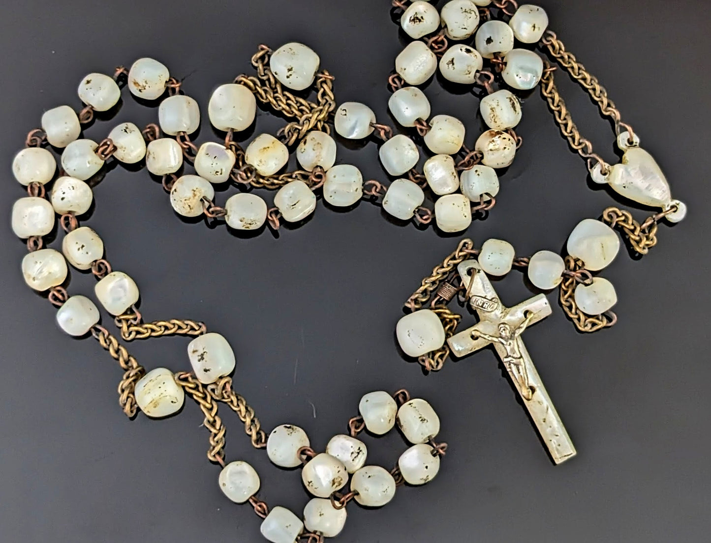 Antique Mother of Pearl Rosary bead necklace, INRI cross pendant