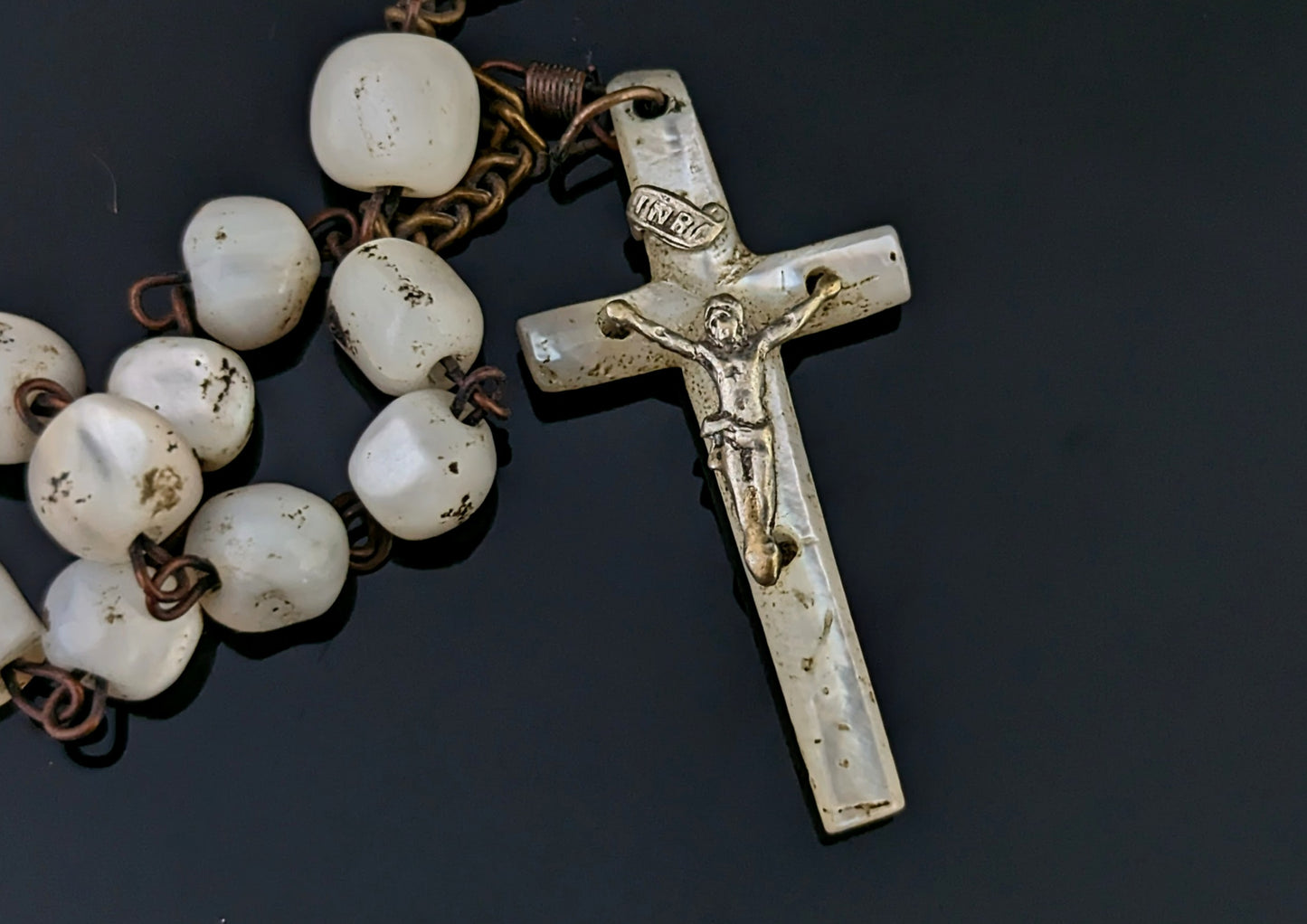 Antique Mother of Pearl Rosary bead necklace, INRI cross pendant