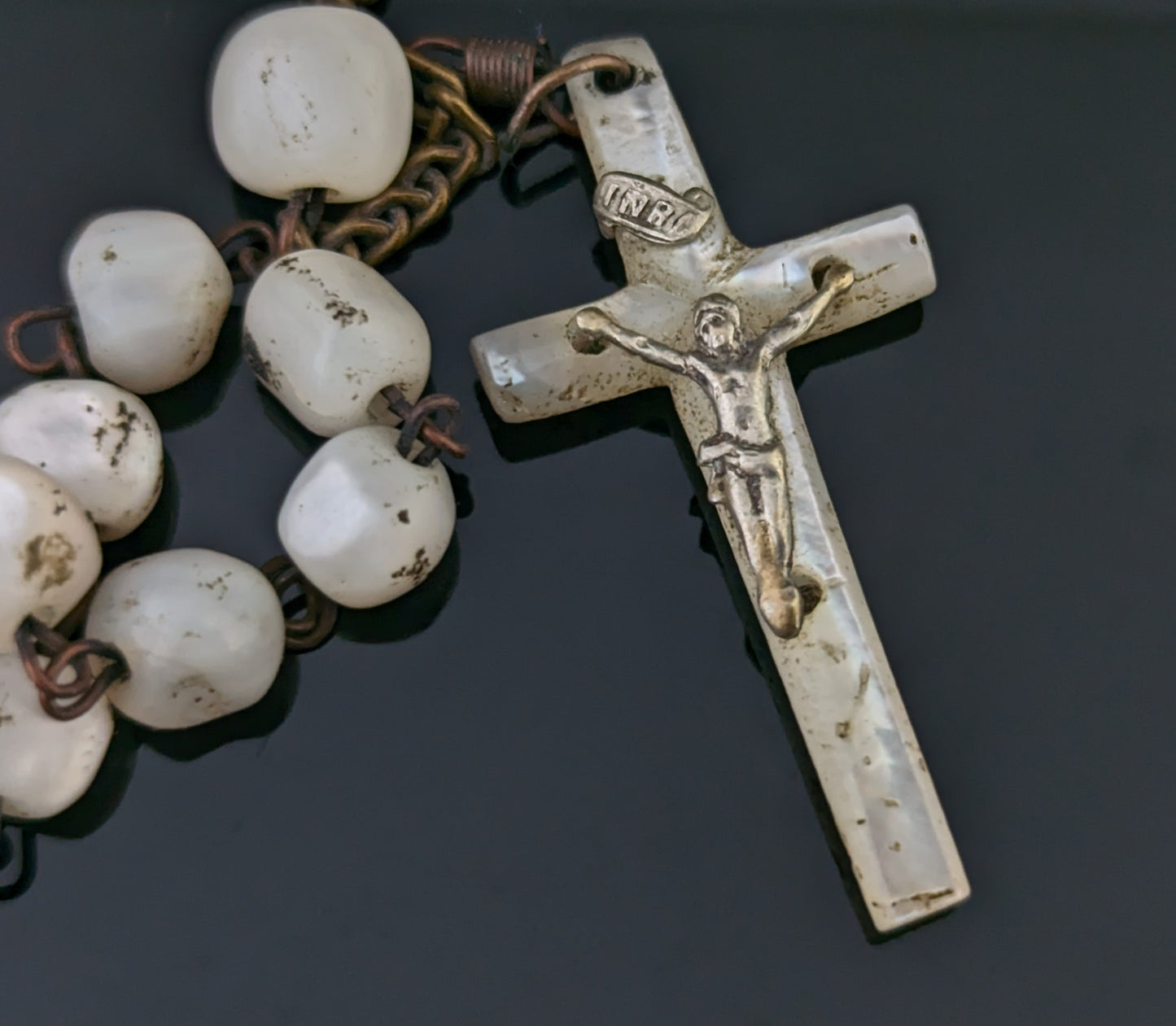 Antique Mother of Pearl Rosary bead necklace, INRI cross pendant