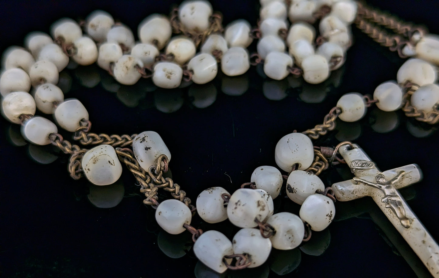 Antique Mother of Pearl Rosary bead necklace, INRI cross pendant