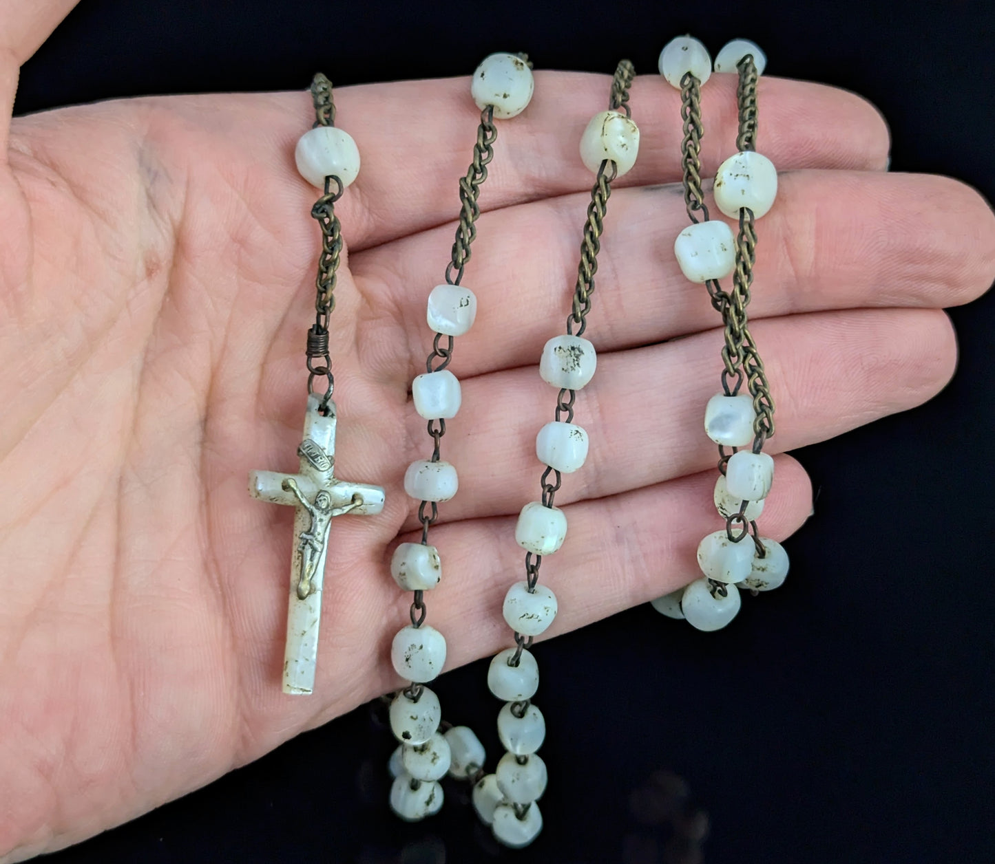 Antique Mother of Pearl Rosary bead necklace, INRI cross pendant