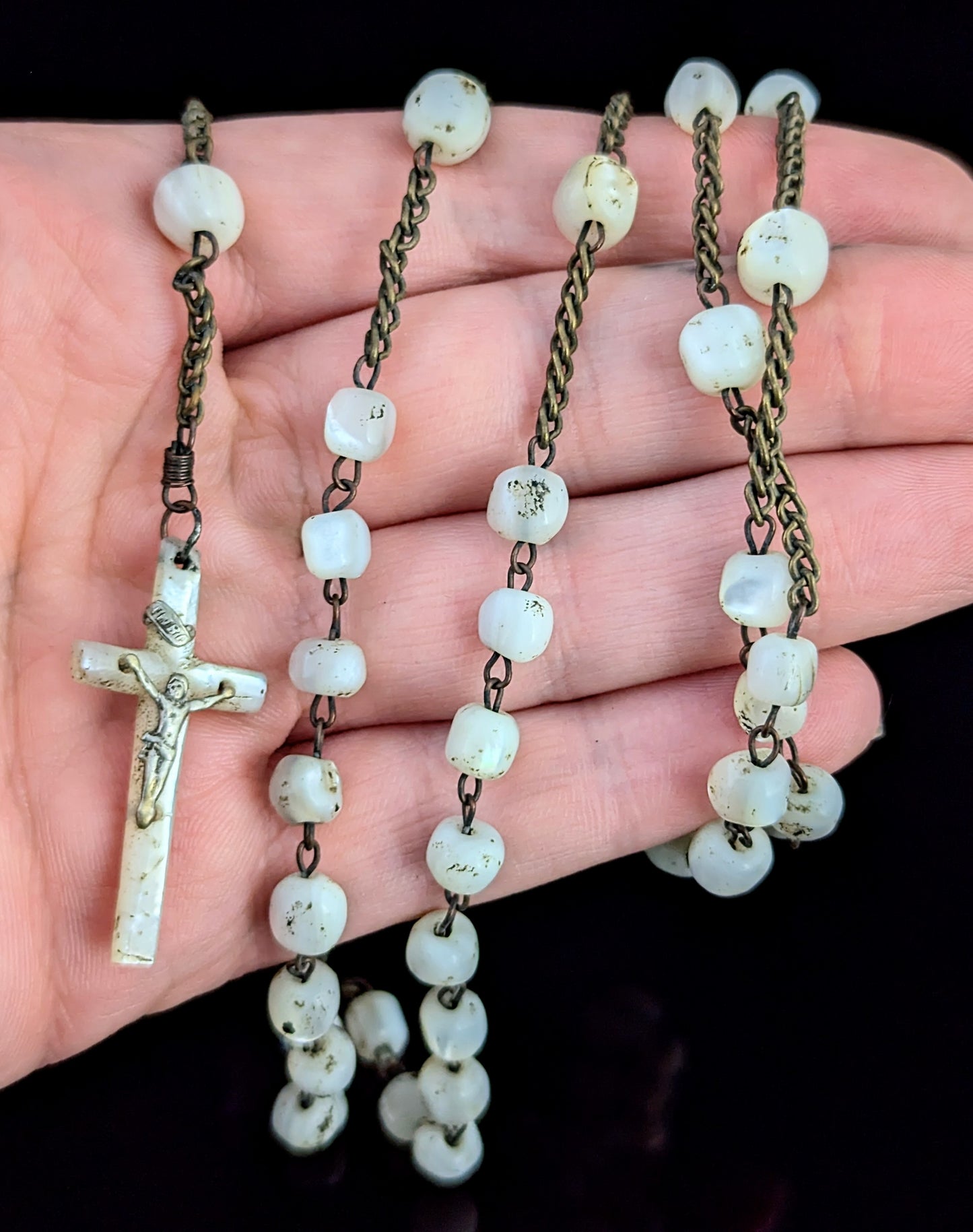 Antique Mother of Pearl Rosary bead necklace, INRI cross pendant