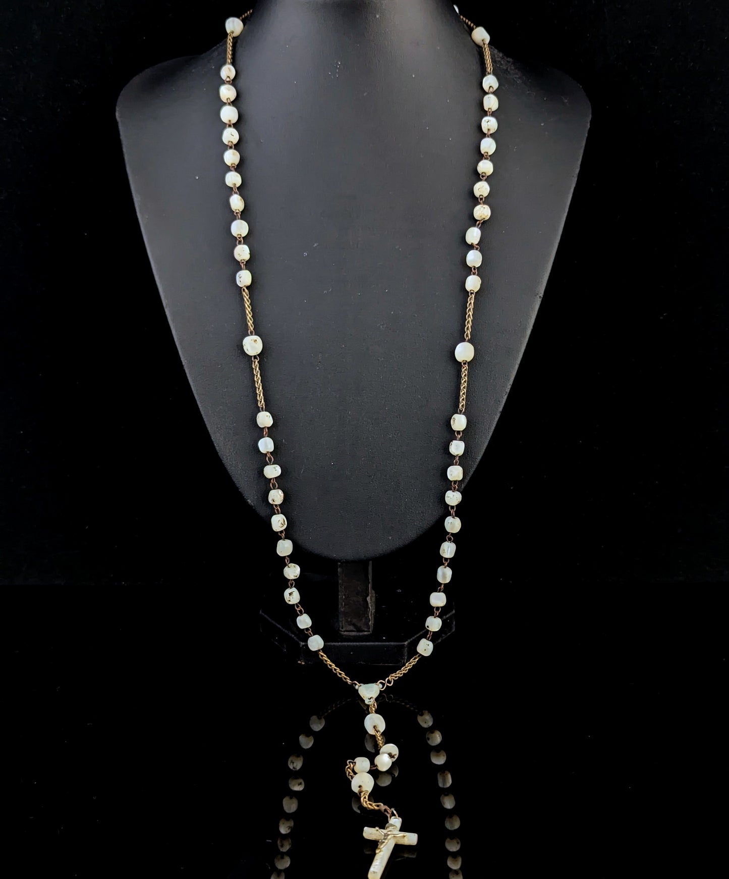 Antique Mother of Pearl Rosary bead necklace, INRI cross pendant