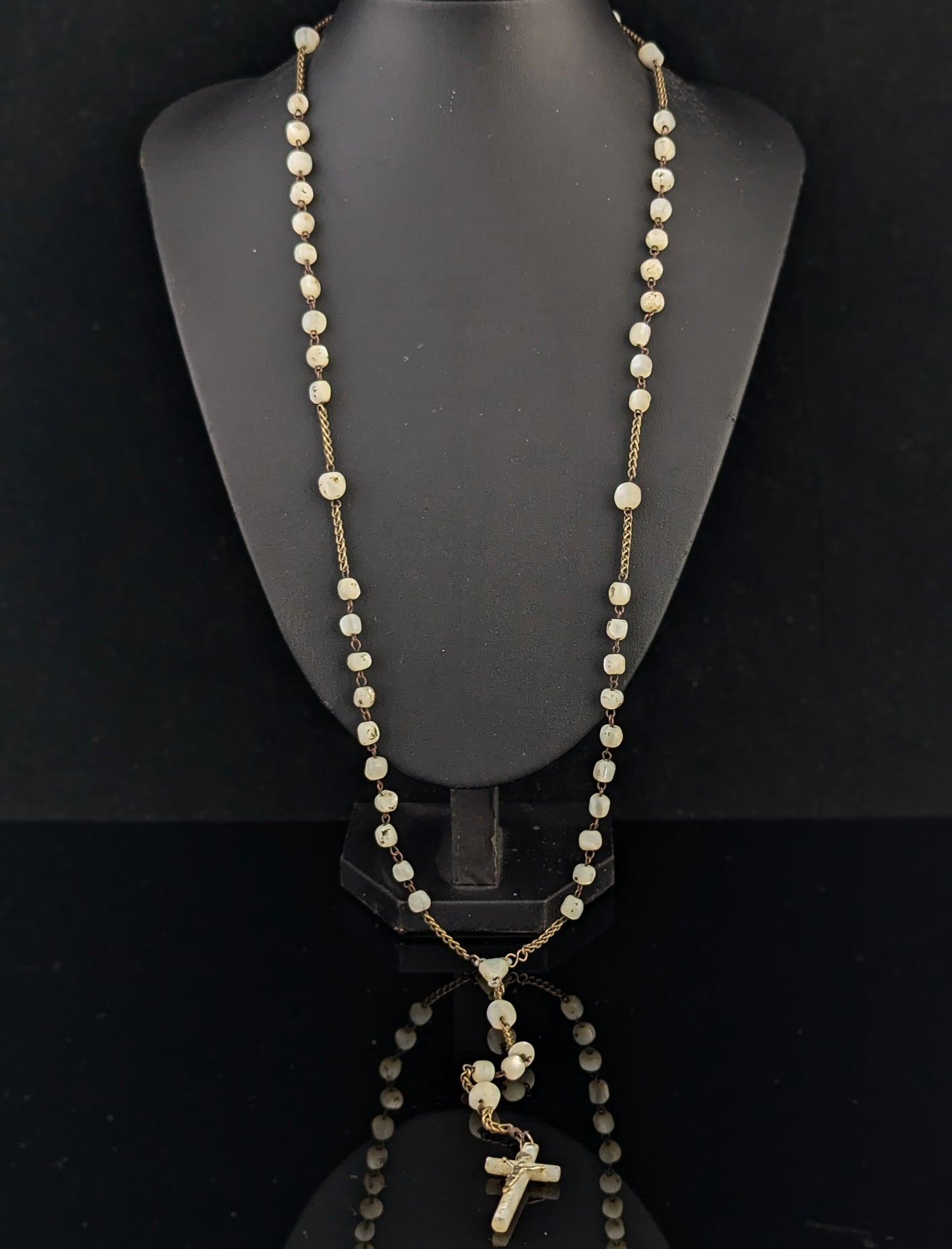 Antique Mother of Pearl Rosary bead necklace, INRI cross pendant