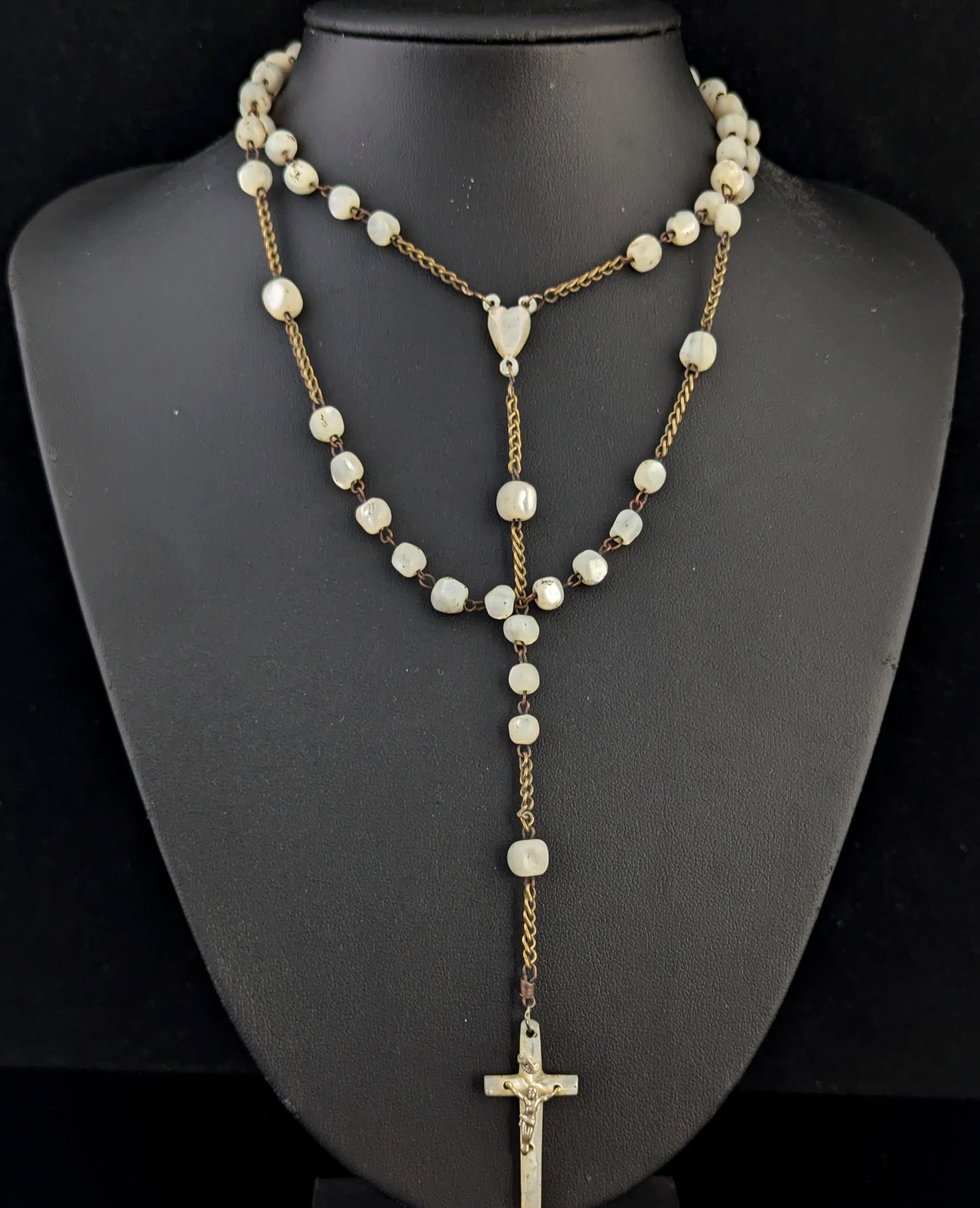 Antique Mother of Pearl Rosary bead necklace, INRI cross pendant