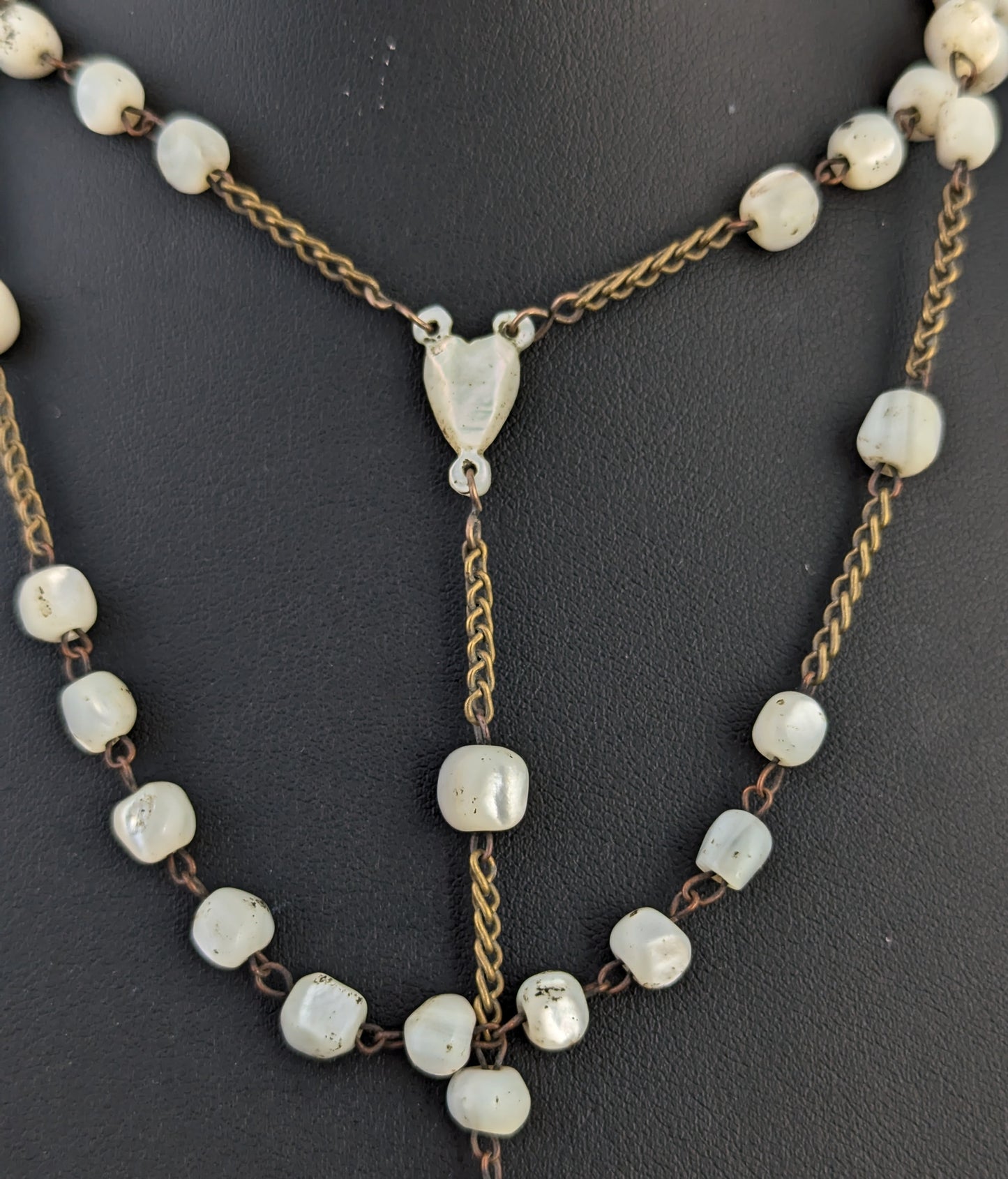 Antique Mother of Pearl Rosary bead necklace, INRI cross pendant