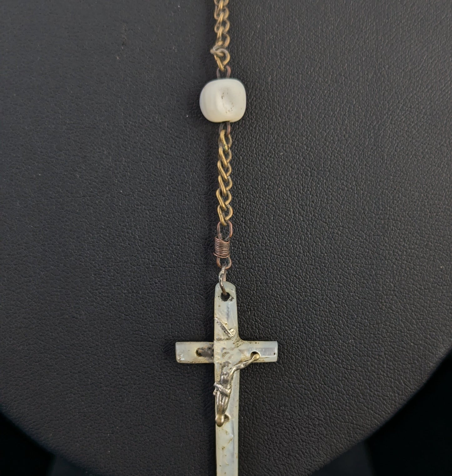 Antique Mother of Pearl Rosary bead necklace, INRI cross pendant