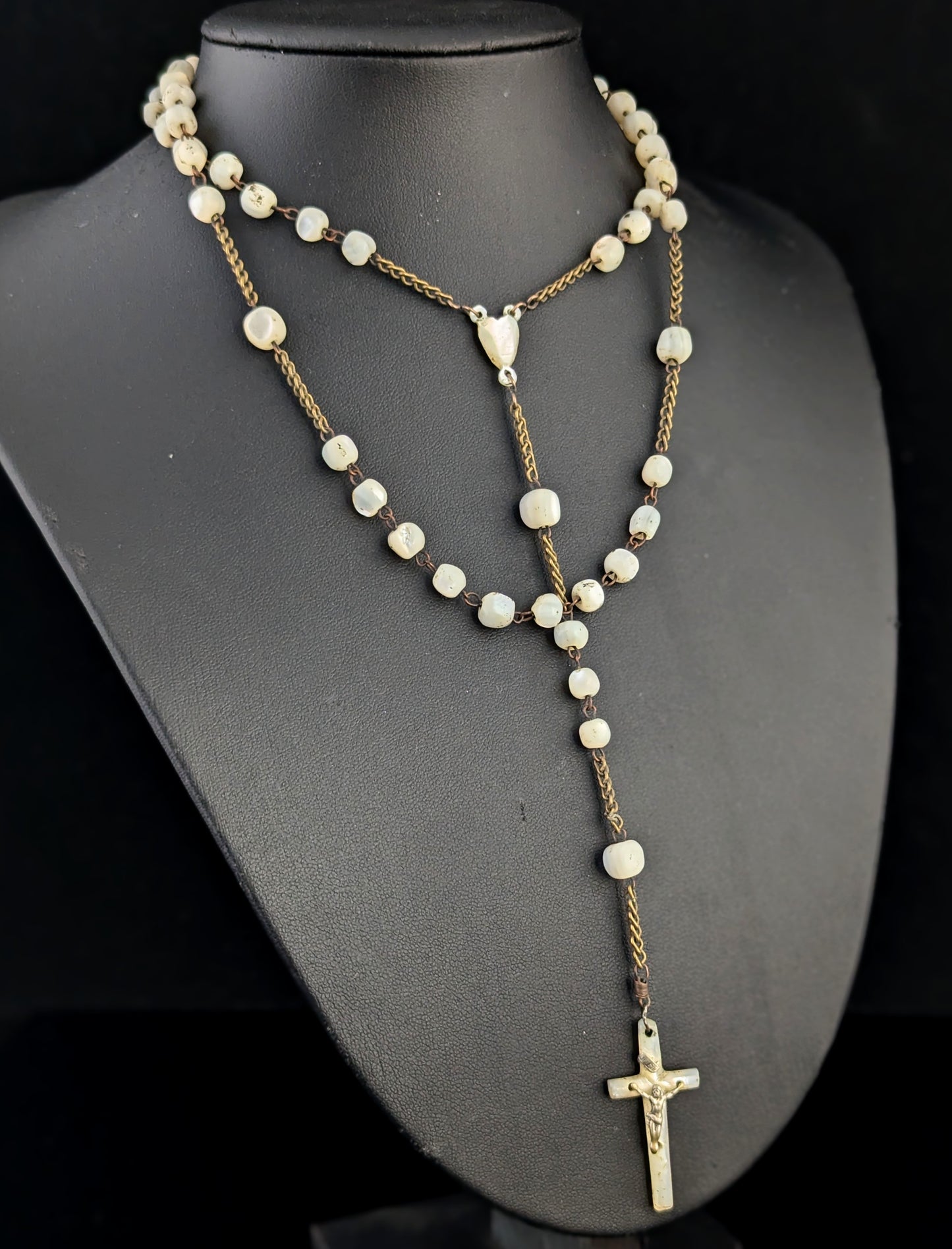 Antique Mother of Pearl Rosary bead necklace, INRI cross pendant