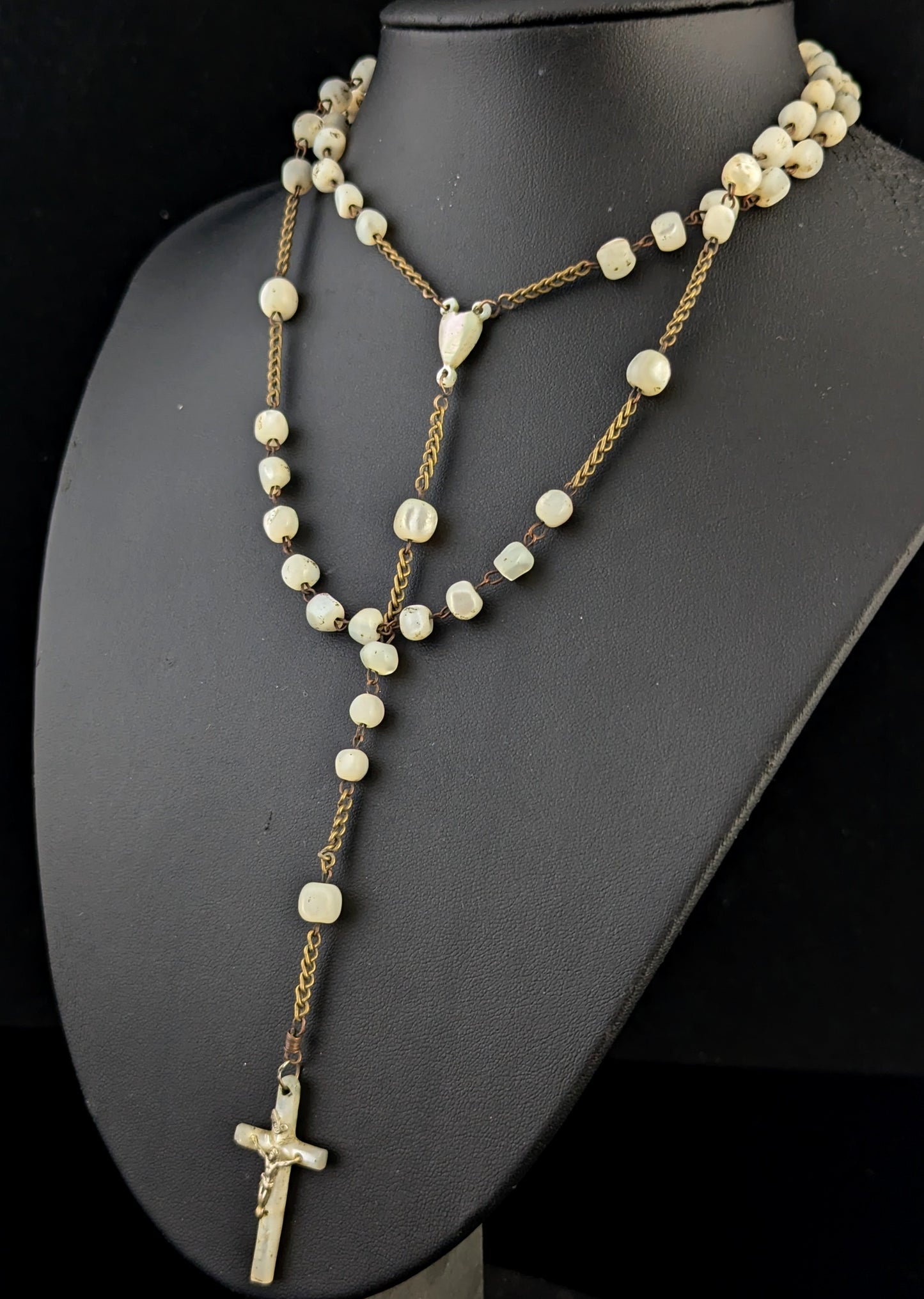 Antique Mother of Pearl Rosary bead necklace, INRI cross pendant