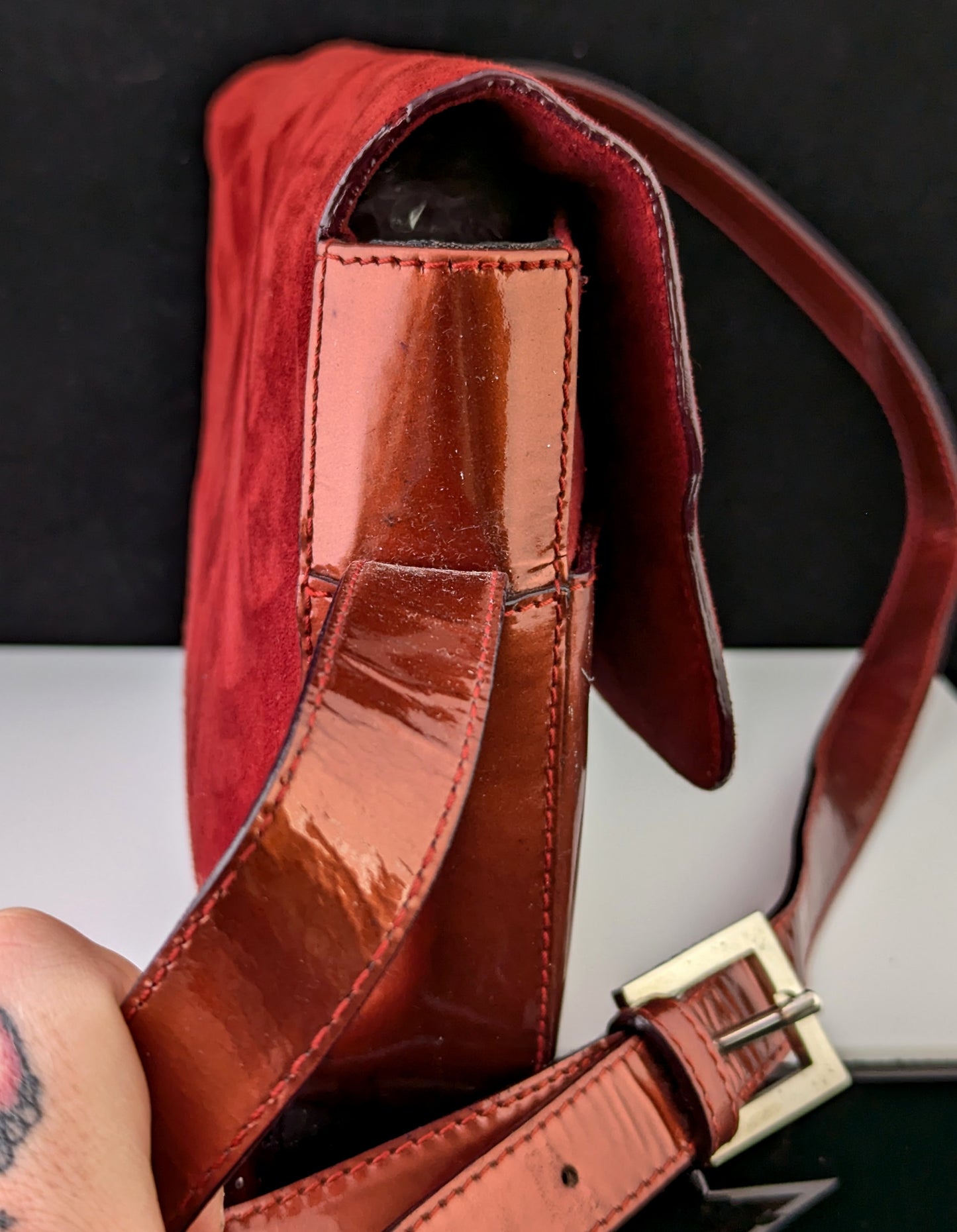 Vintage Bally Red patent leather and suede handbag, Shoulder bag