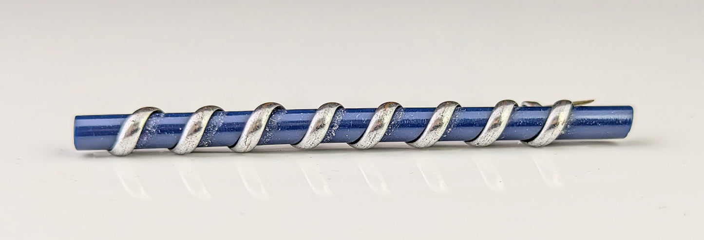 Antique Edwardian silver swirl bar brooch, Royal blue, Cravat pin
