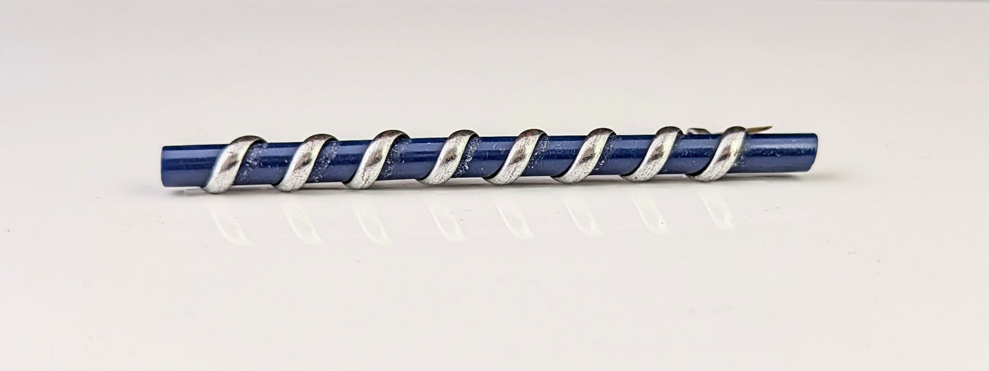 Antique Edwardian silver swirl bar brooch, Royal blue, Cravat pin