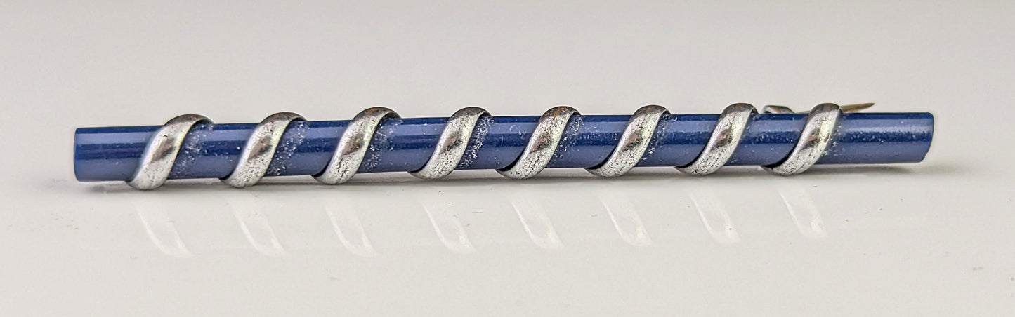 Antique Edwardian silver swirl bar brooch, Royal blue, Cravat pin